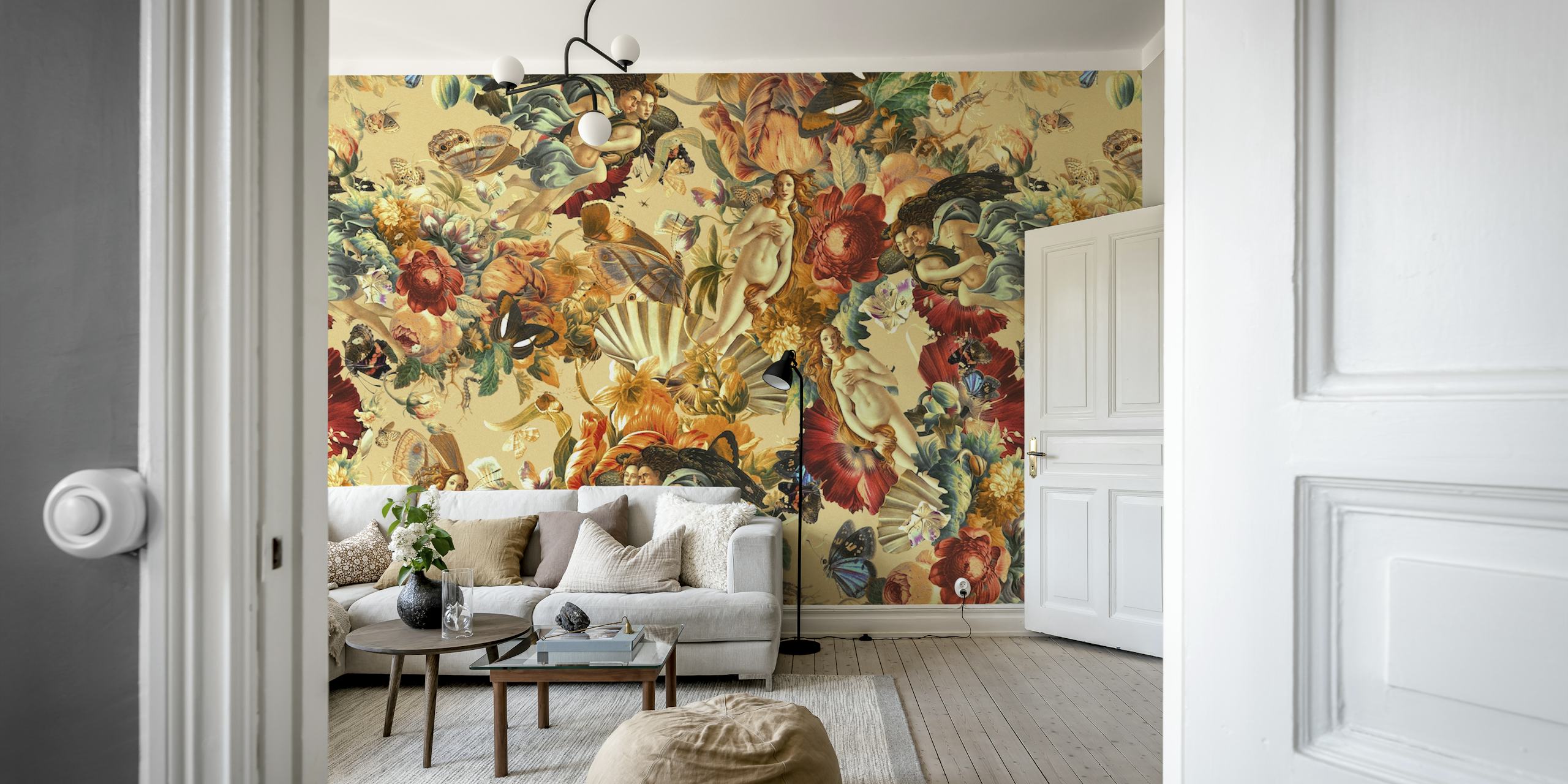 Colorful floral and mythical Venus pattern wallpaper