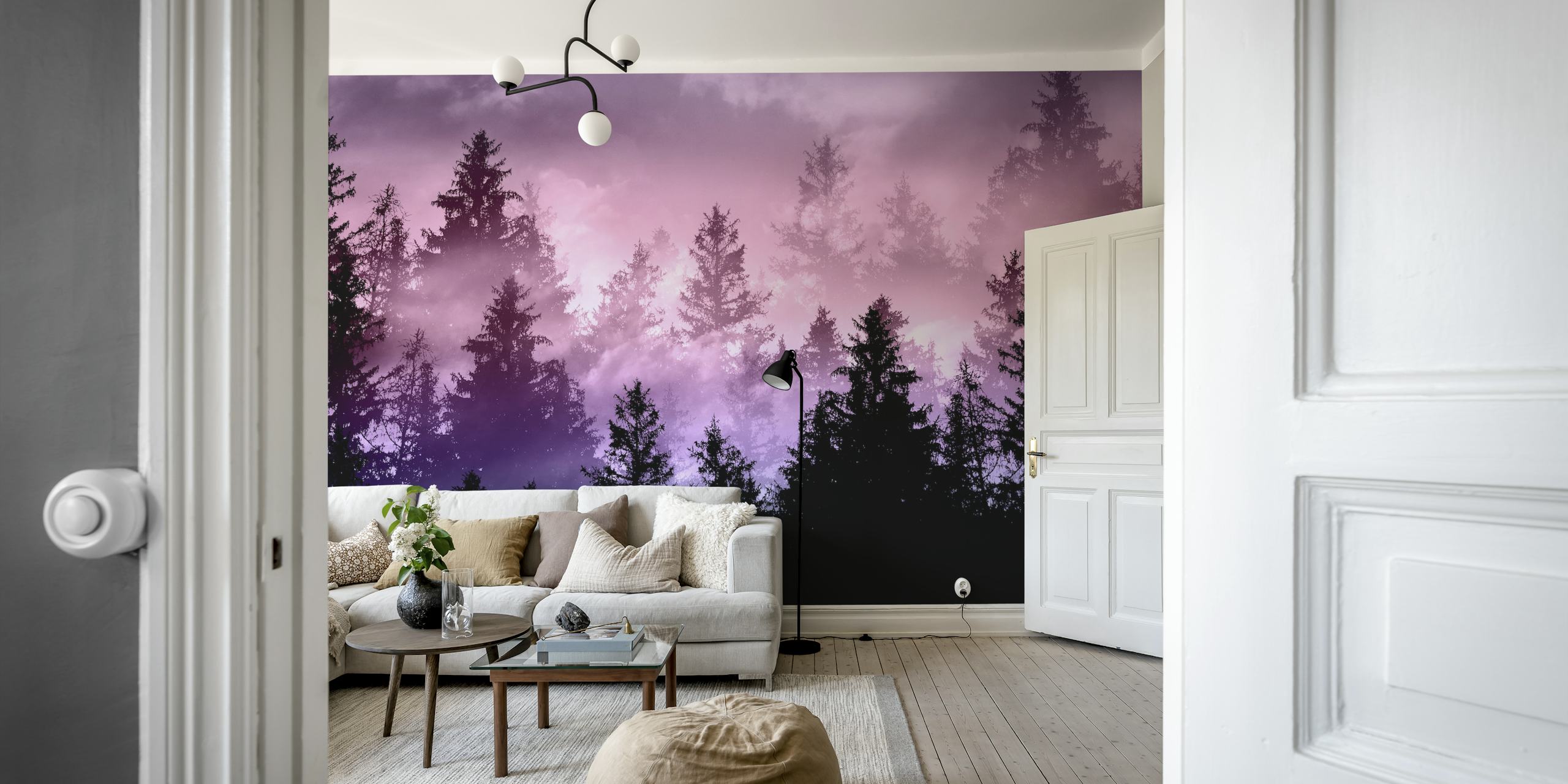 Mystical forest silhouette in purple mist wallpaper