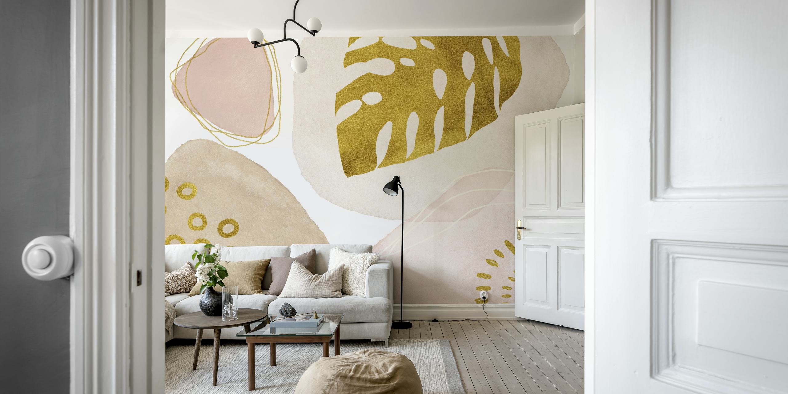 Abstract bohemian style wall mural with gold tropical leaf patterns and pastel pink accents