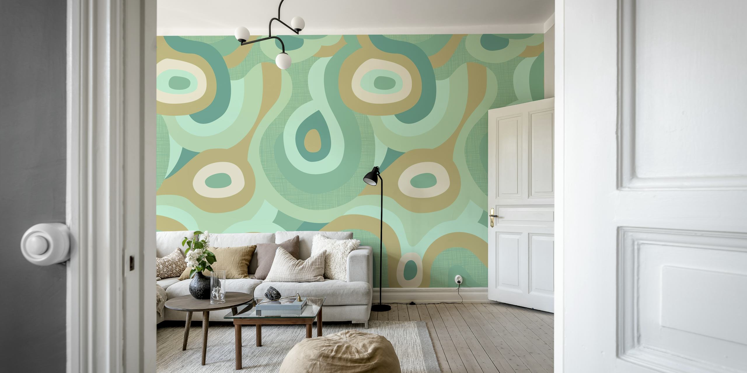 Groovy Wavy Aqua Green Väggdekor med retro vågiga mönster i mjuka blått och grönt