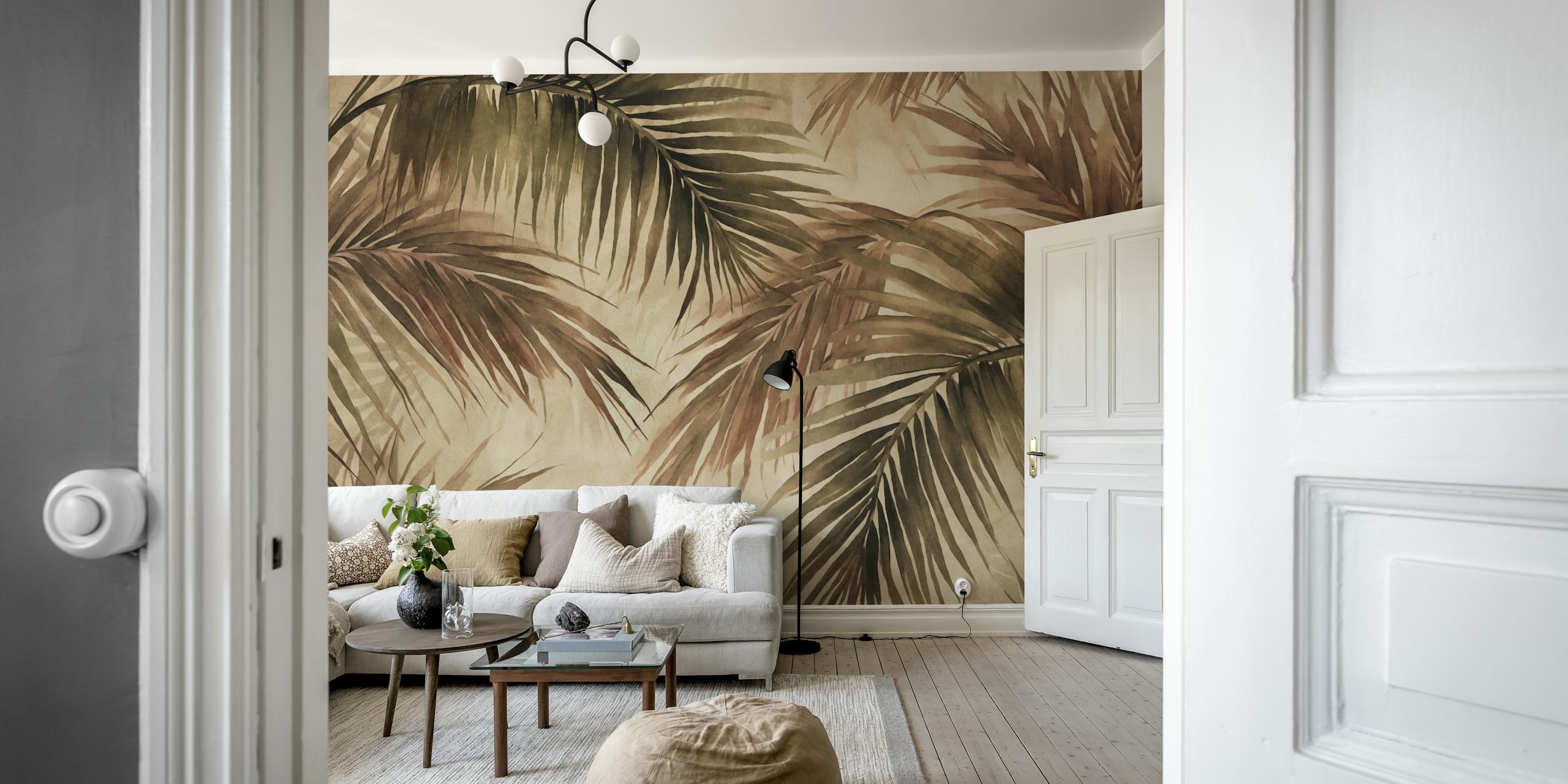 Tropical Island Palm Leave Watercolour in Moody Brown shades wall mural