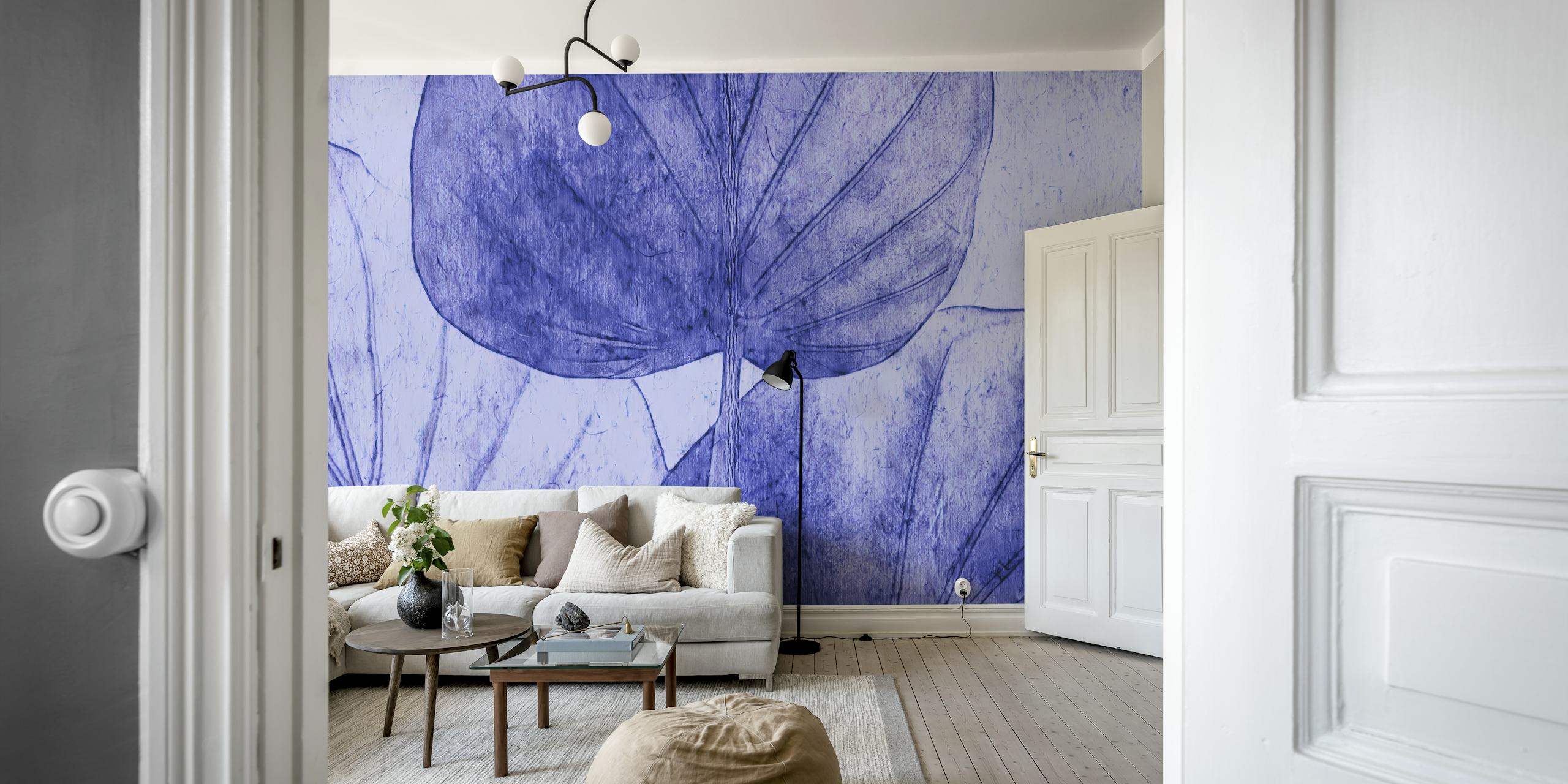 Indigo Blue Japandi Leaf wall mural with hand-drawn style leaves