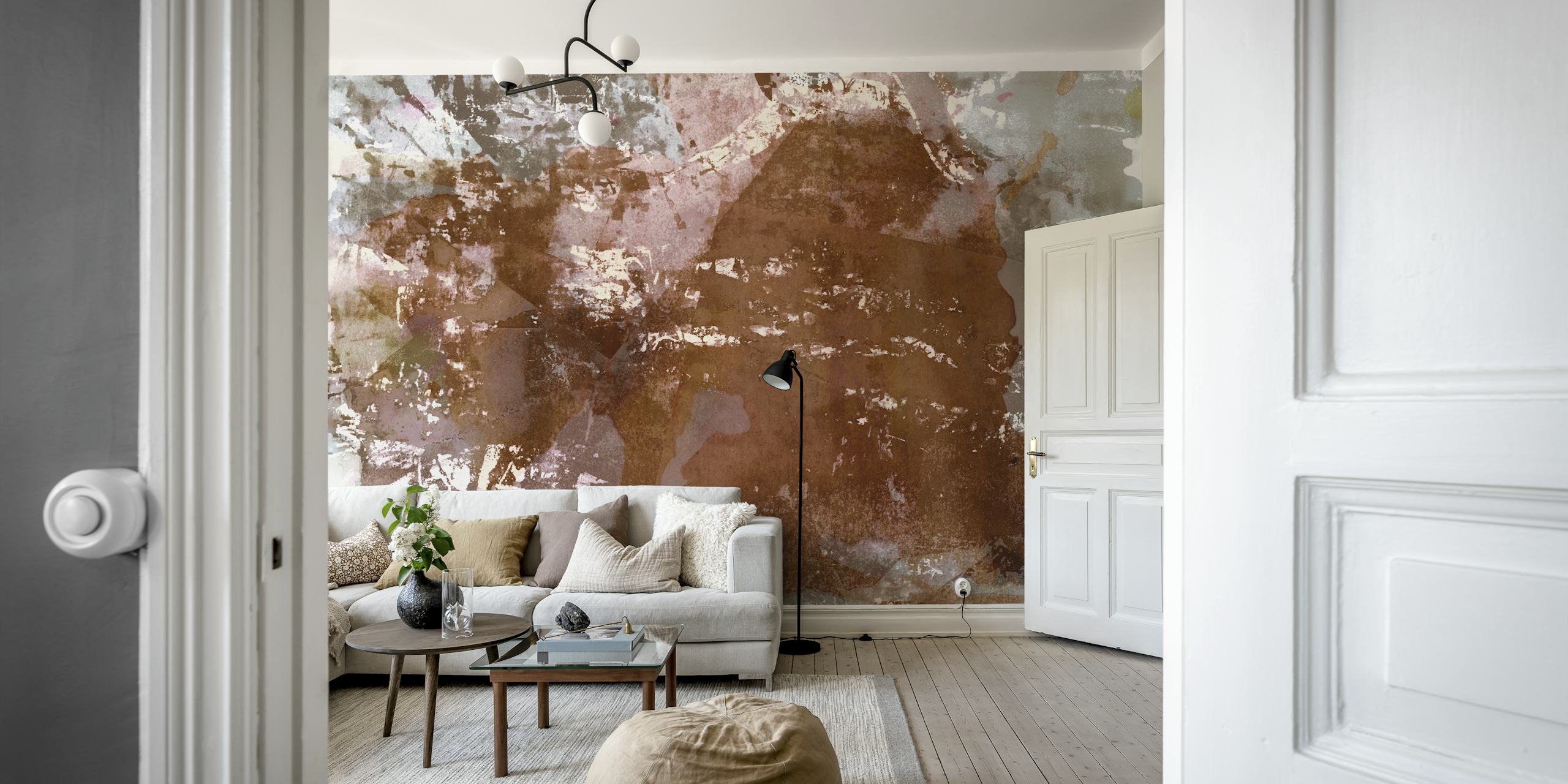 A wall mural exemplifying Japanese Wabi Sabi aesthetics with earthy neutral tones and textured appearance.