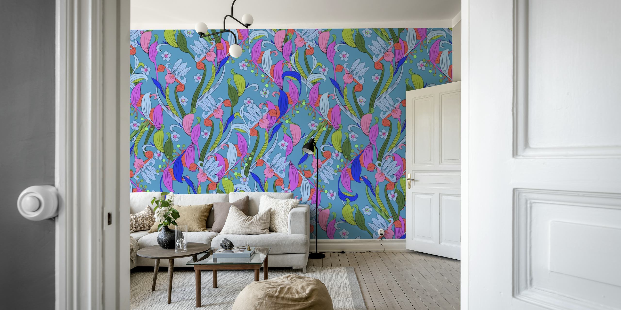 Padrão de flores Art Nouveau com formas botânicas estilizadas em cores vibrantes