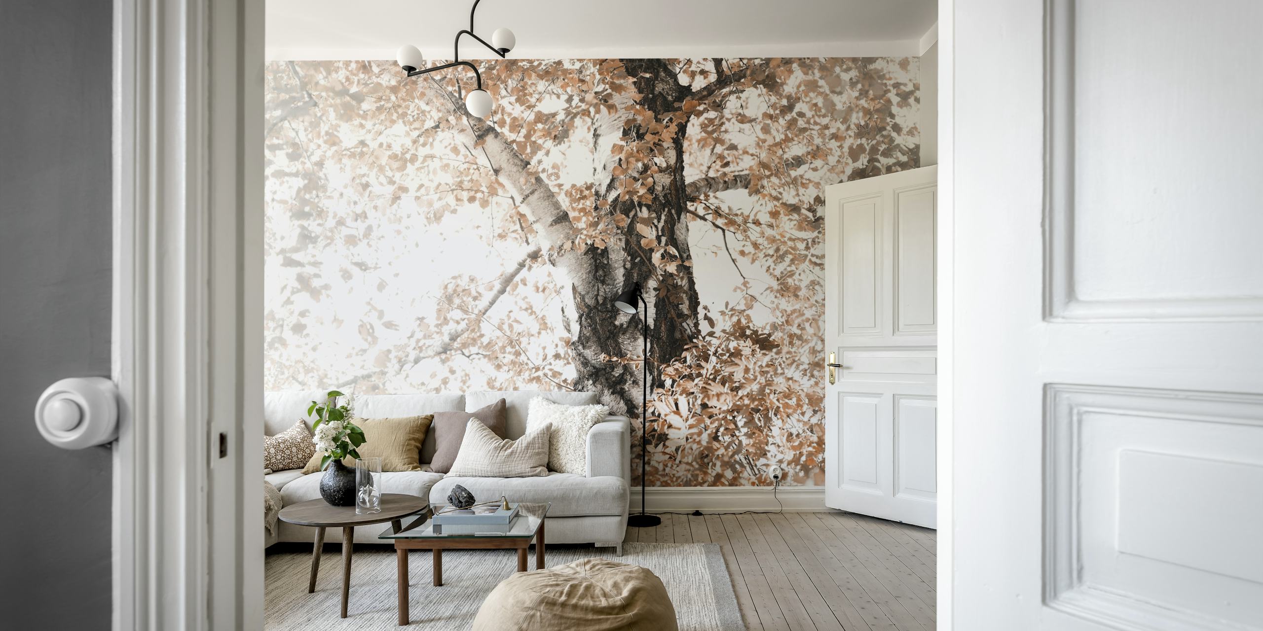 Birch tree with coral orange leaves and trunk wallpaper