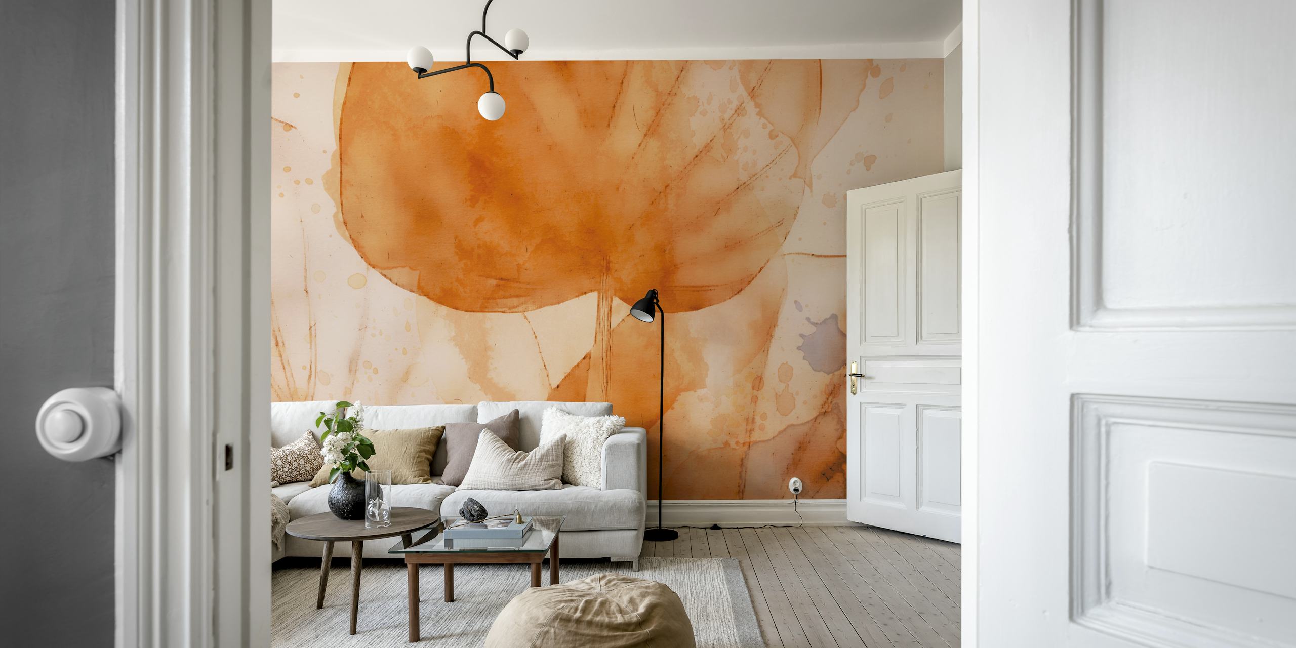 Papier peint Peach Japandi Leaf dans une pièce