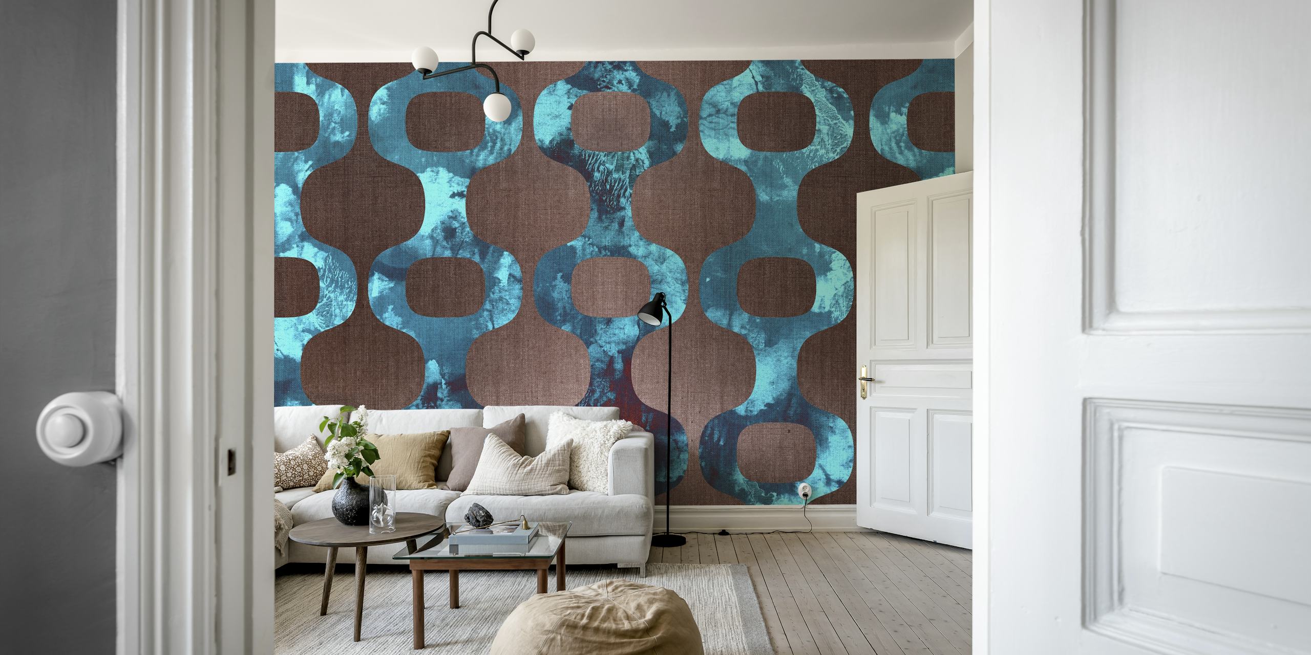 Mural de parede em tecido de meados do século com padrão abstrato em tons de azul e marrom