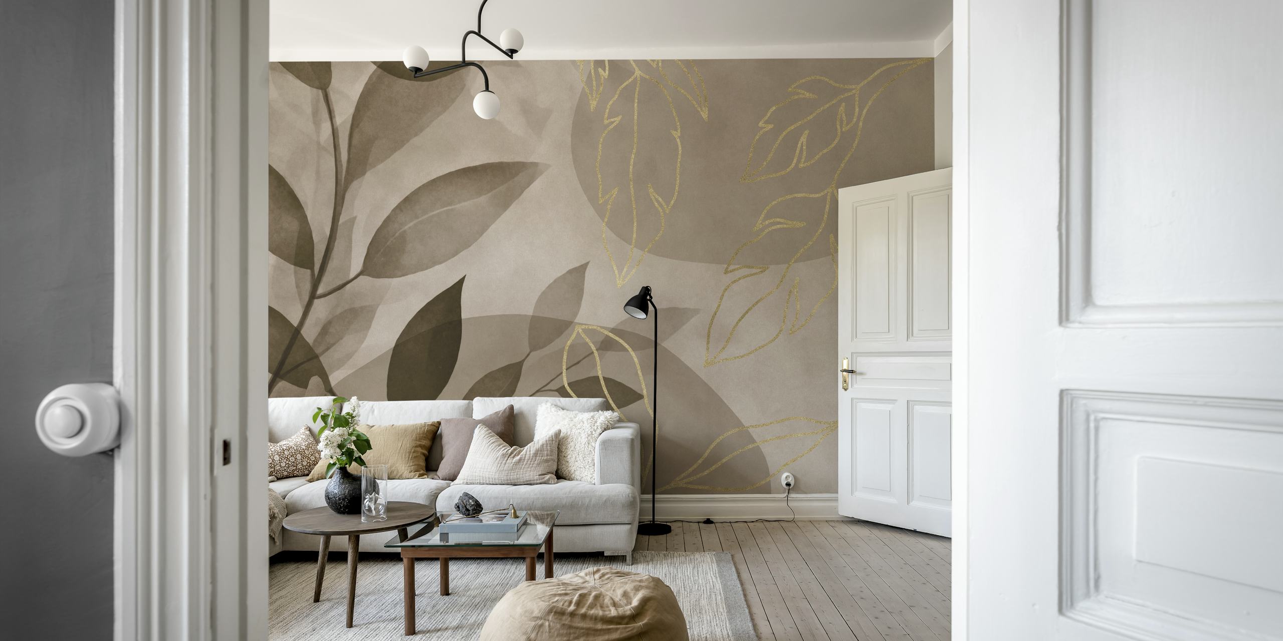 Leafy Elegance Brown Gold wallpaper in a room