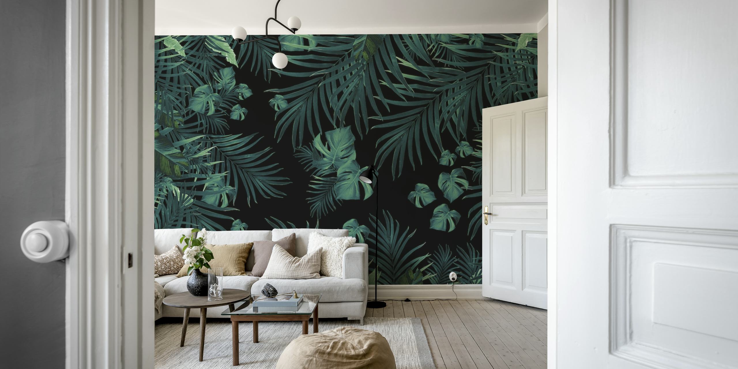 Tropical jungle leaves in dark green shades, creating a mysterious night-time atmosphere.
