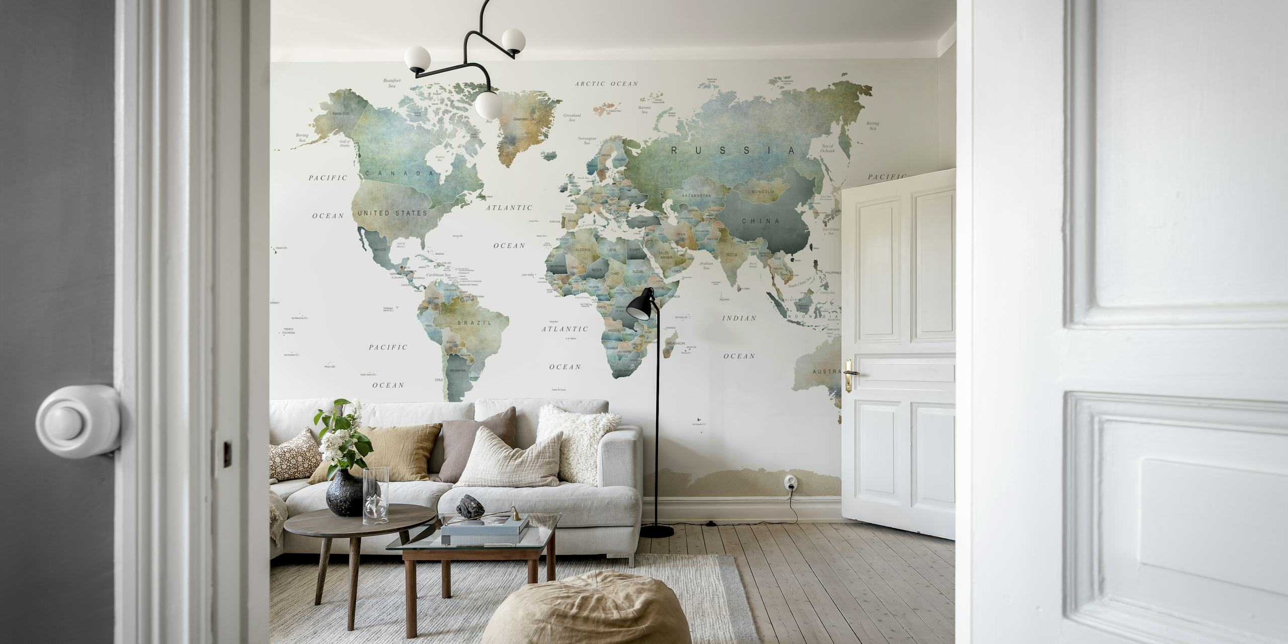 Muted tones world map wallpaper in a room