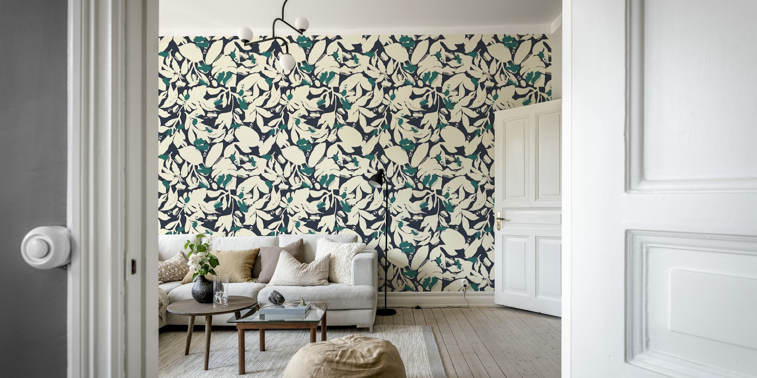 Blue and cream nature leaf pattern wallpaper