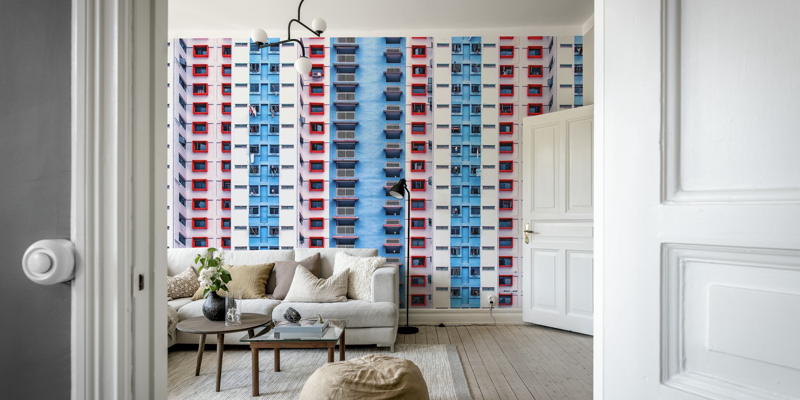 Geometric blue and red design wallpaper featuring architectural patterns.