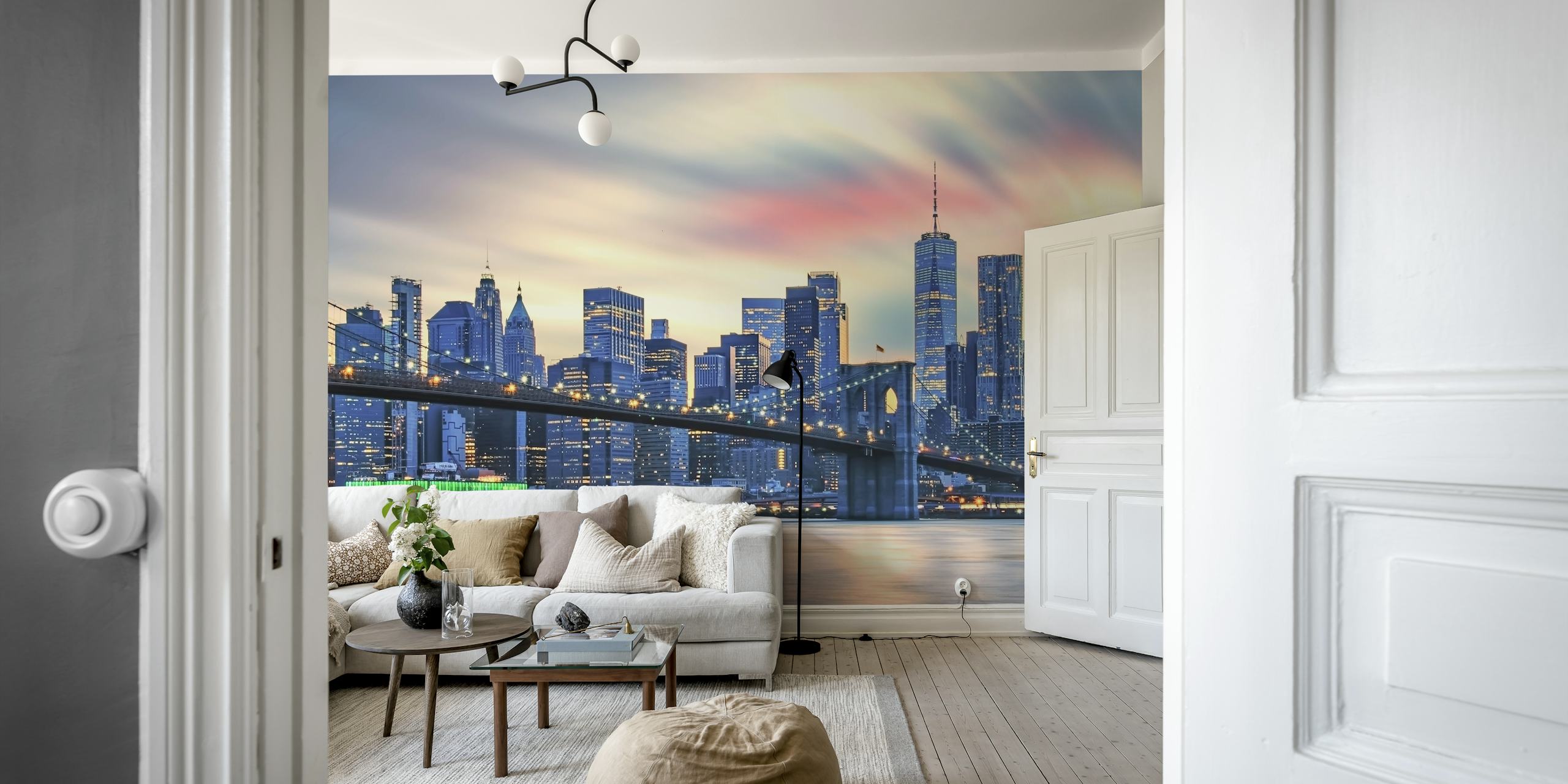New York City skyline at sunset with colorful clouds wallpaper