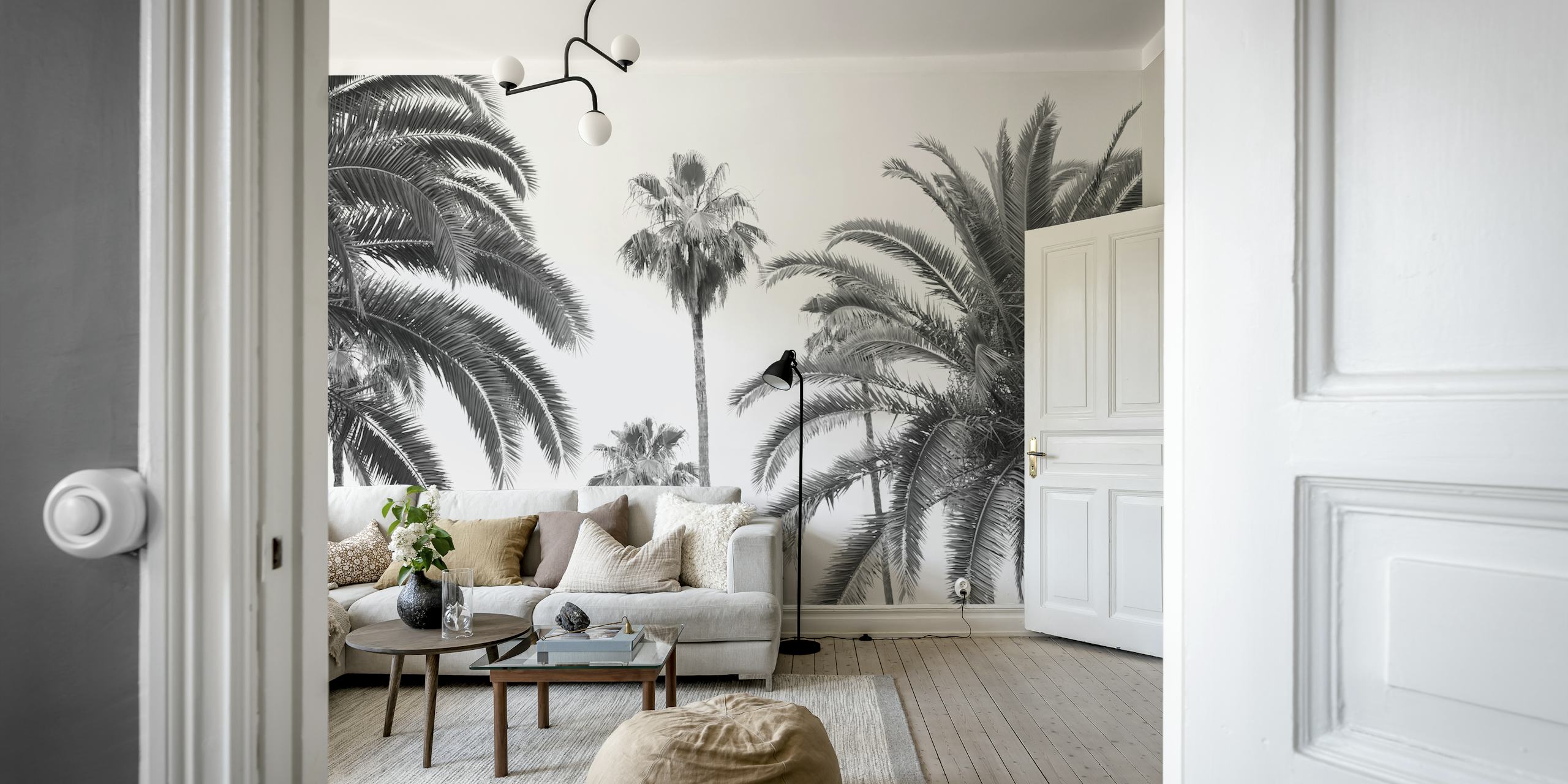 Palm trees in black and white wallpaper design