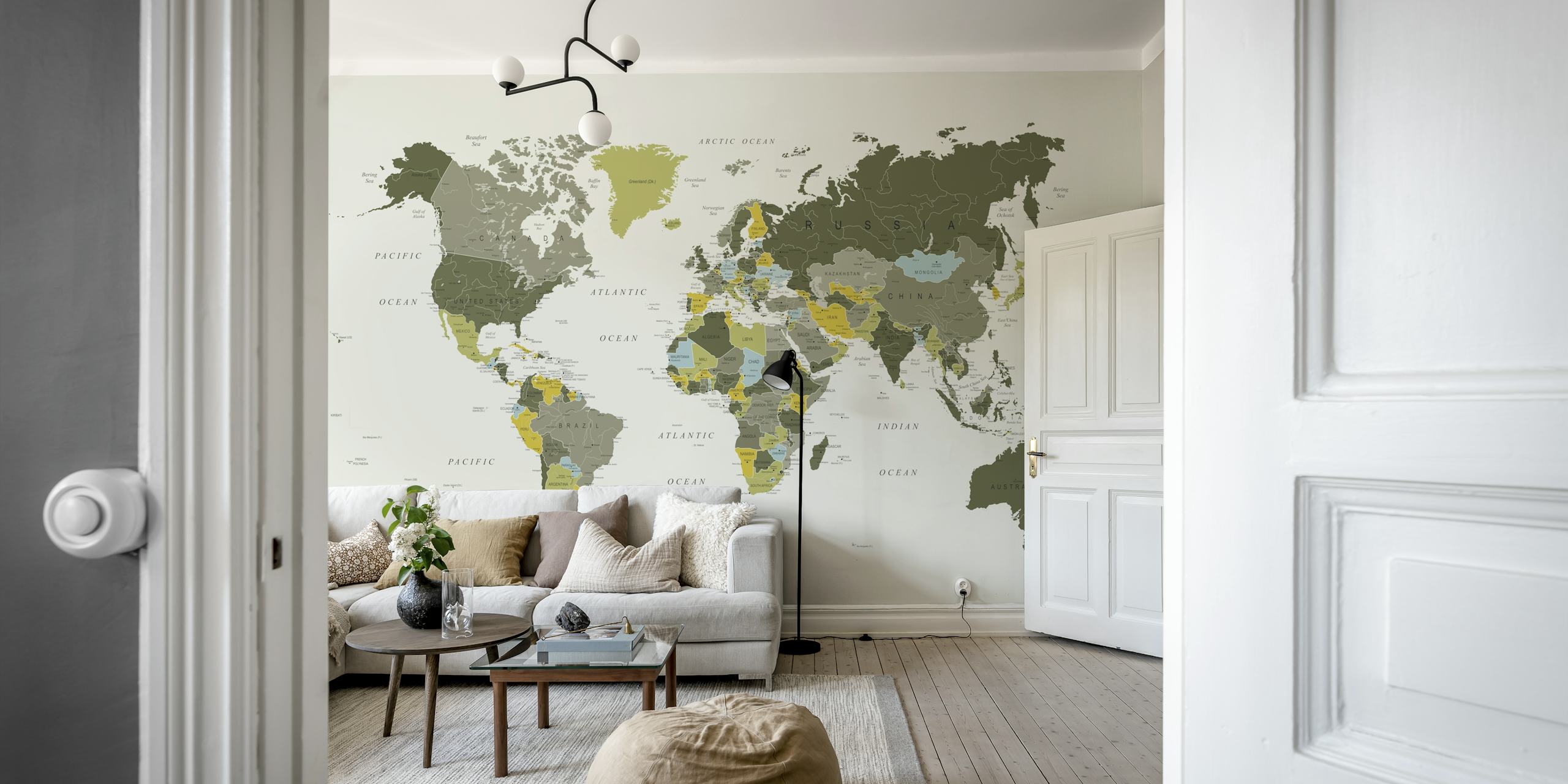 World map illustration in khaki green tones wallpaper