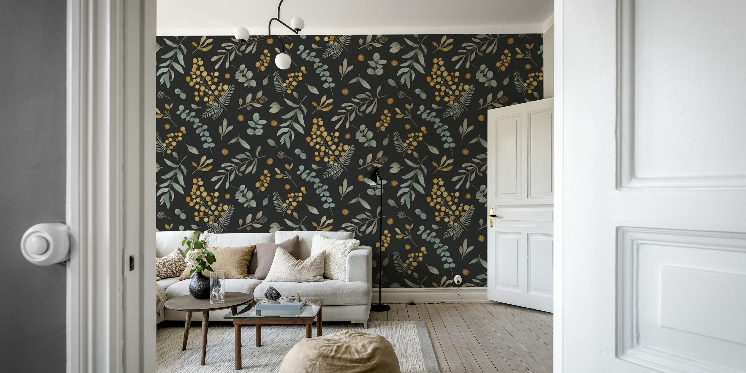 Mural de fleurs indigènes d'Australie avec acacia au soleil et feuilles d'eucalyptus sur fond noir