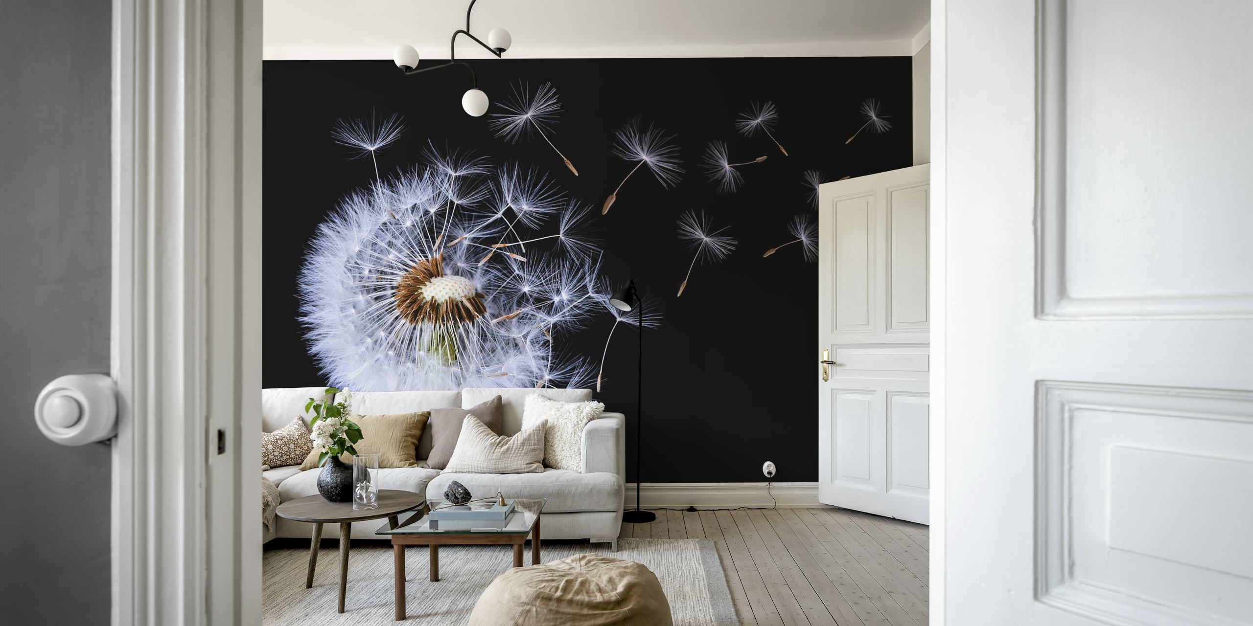Dandelion blowing wallpaper in a room