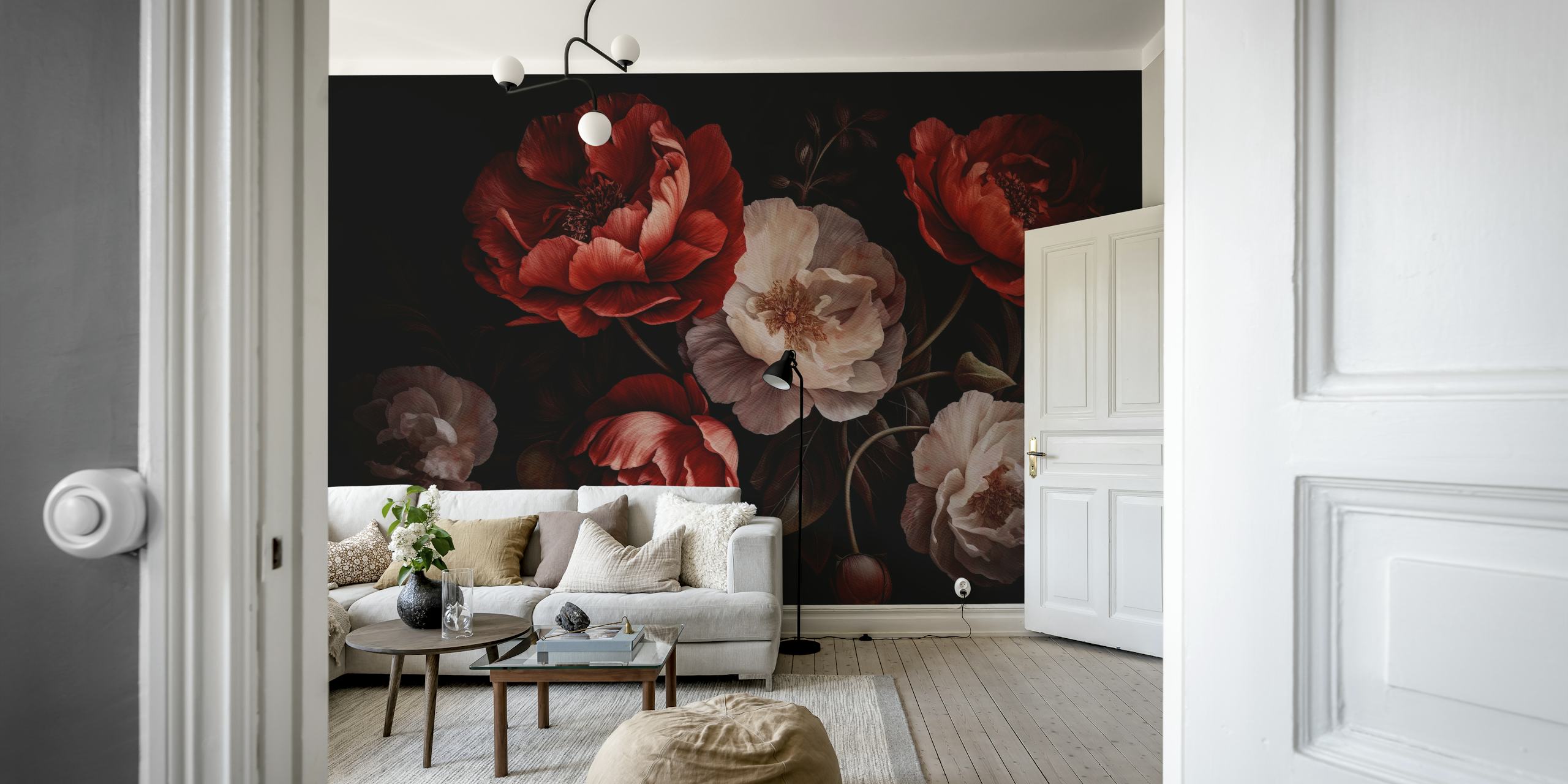 Luxurious red and white peonies wall mural with a dark, moody baroque background.