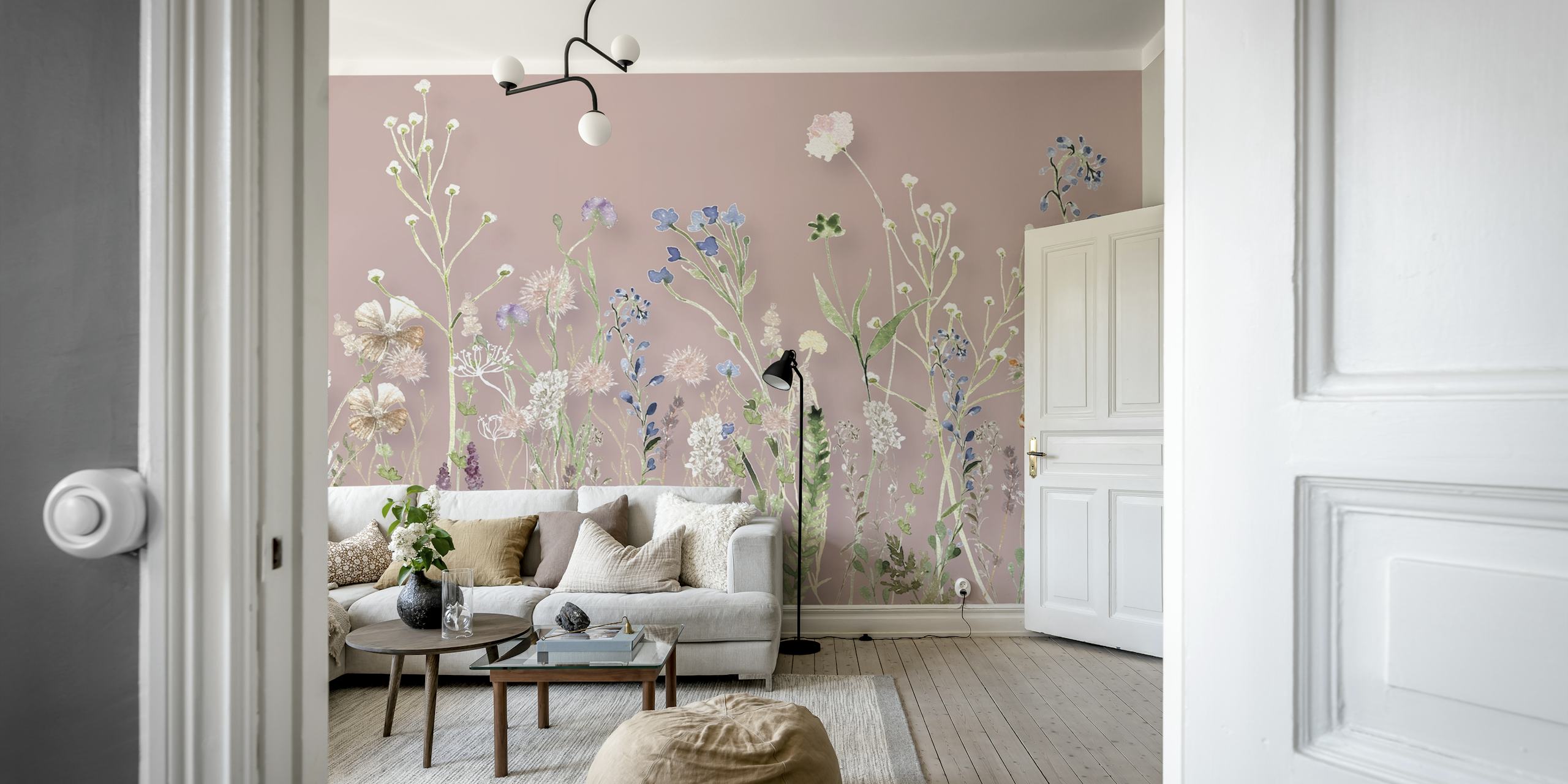 A soothing wildflower meadow design with a blush pink background for a wall mural.