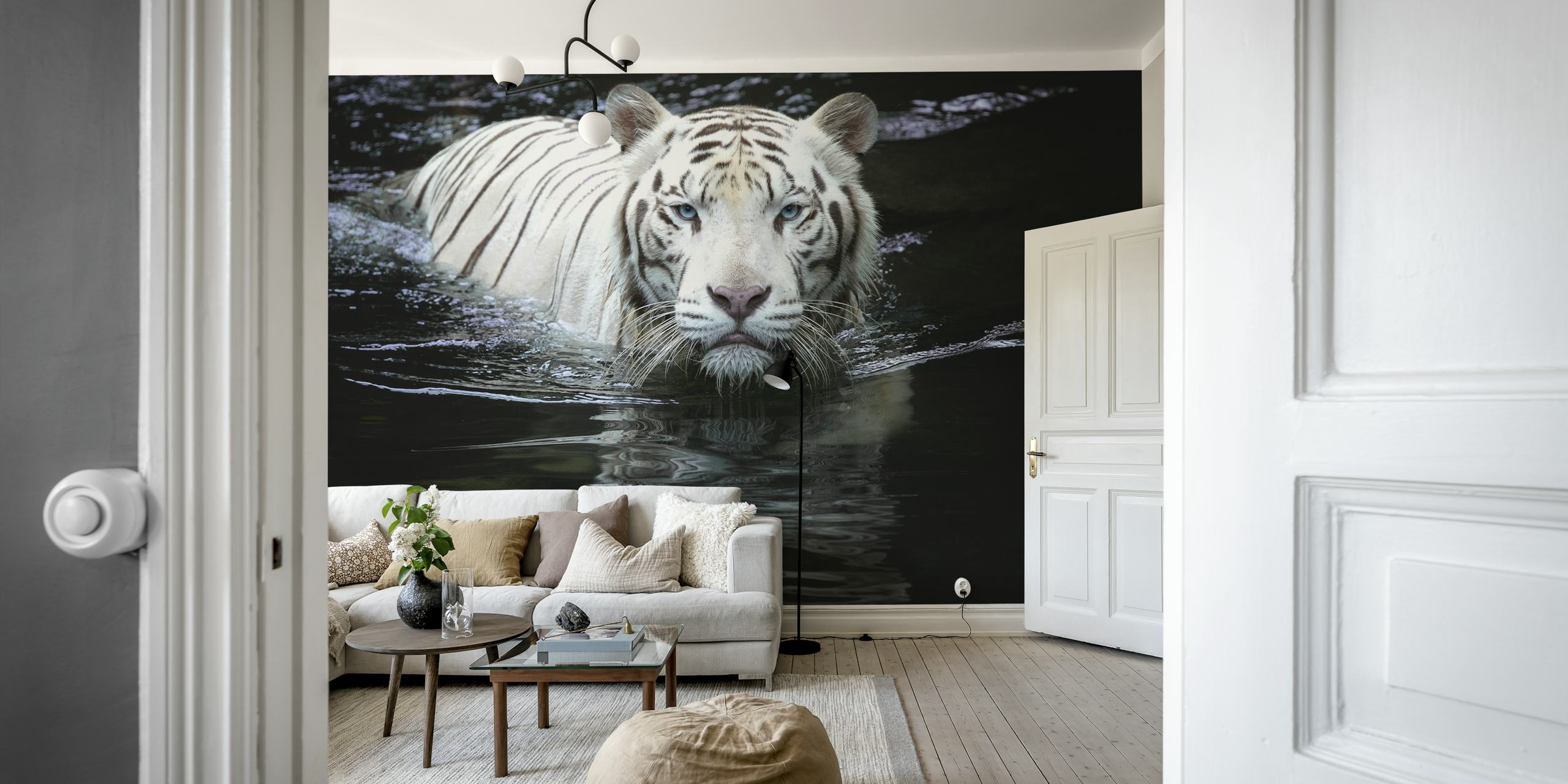 White tiger wallpaper in a modern room