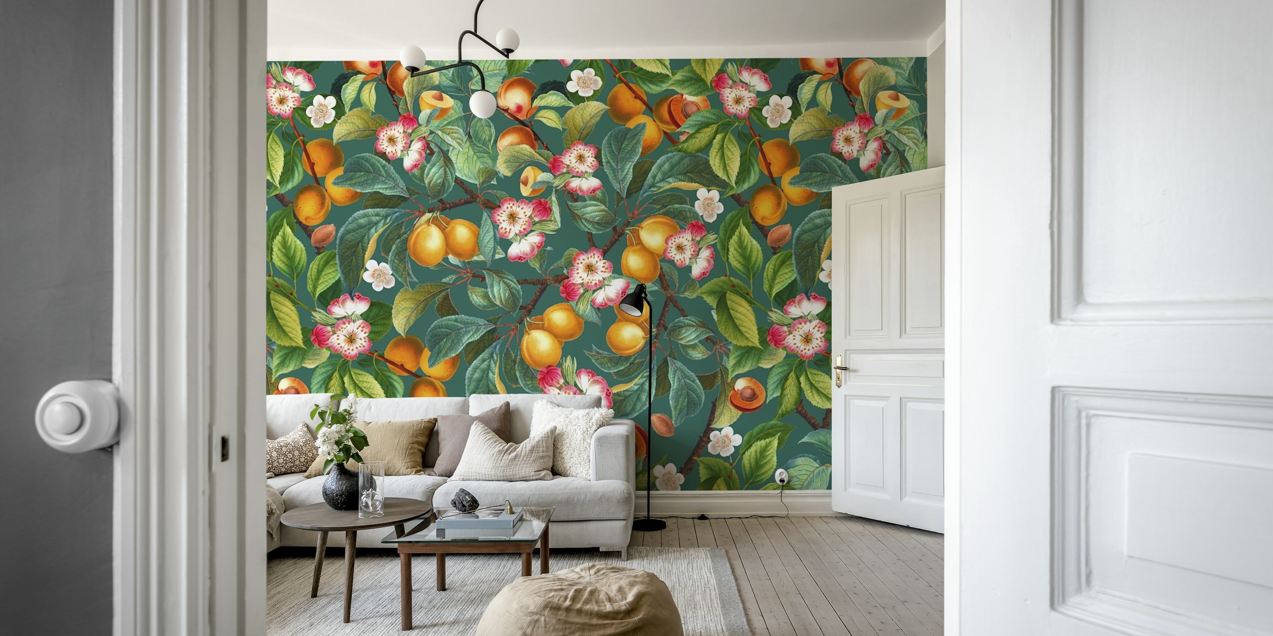 fotomural vinílico de parede com padrão exuberante de frutas e flores com laranjas e flores