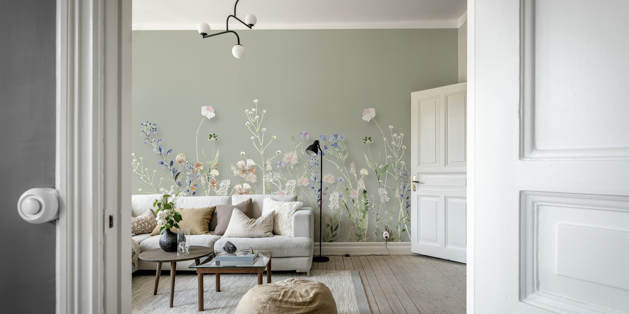 Pastel wildflowers in bloom on green background wallpaper