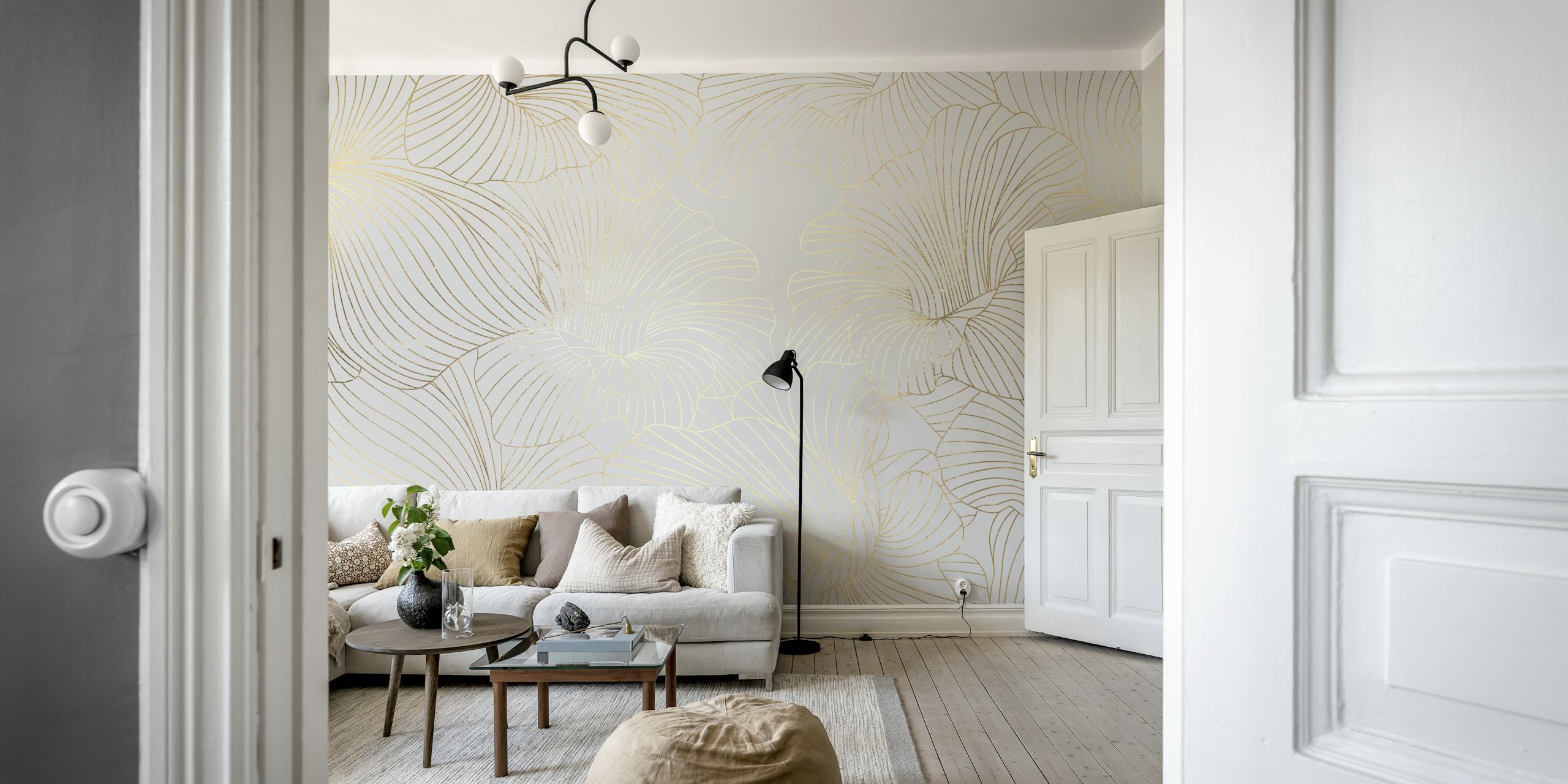 Golden floral lines wallpaper in a room setting