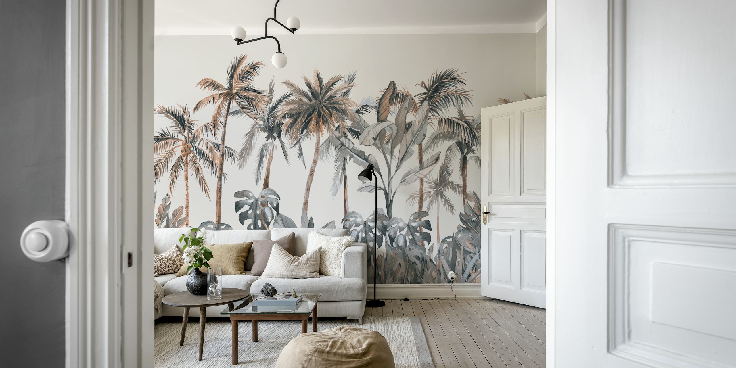 Tropical palm trees and lush green foliage wallpaper