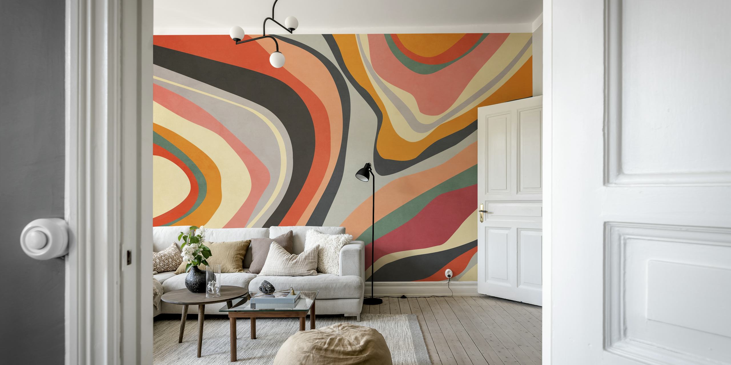 Colorful abstract pattern with wavy lines in red, pink, orange, and black wallpaper