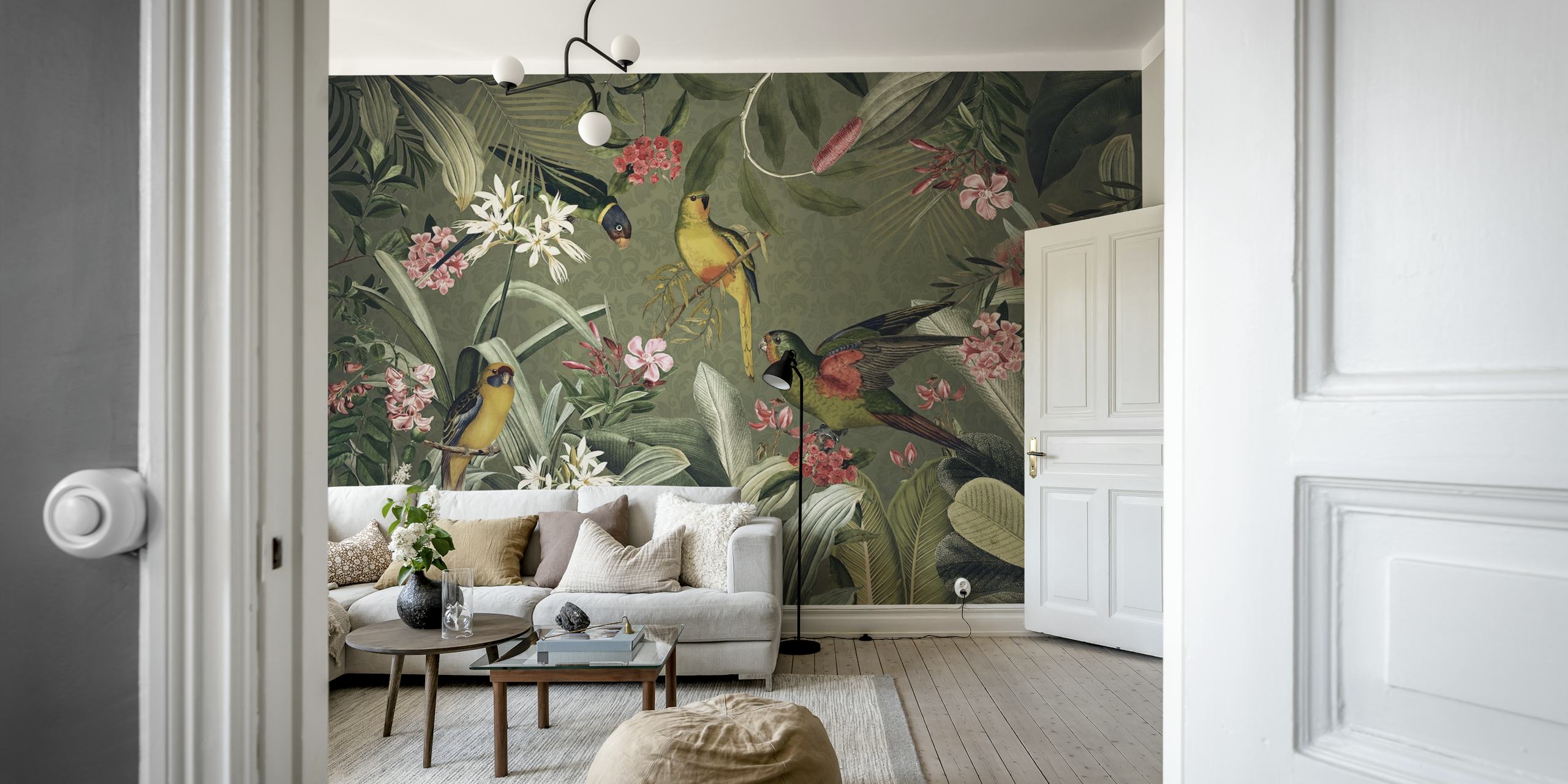 Tropical birds and flowers in green and pink wallpaper