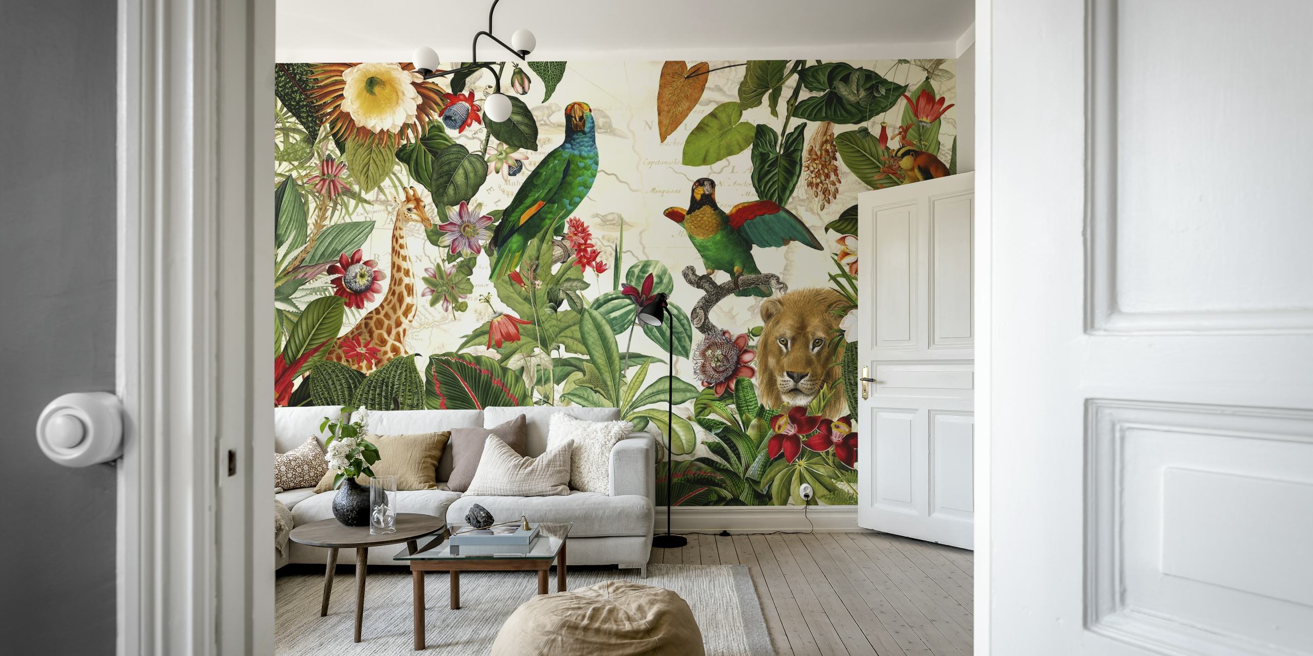mural de jungla exótica con pájaros y un leopardo