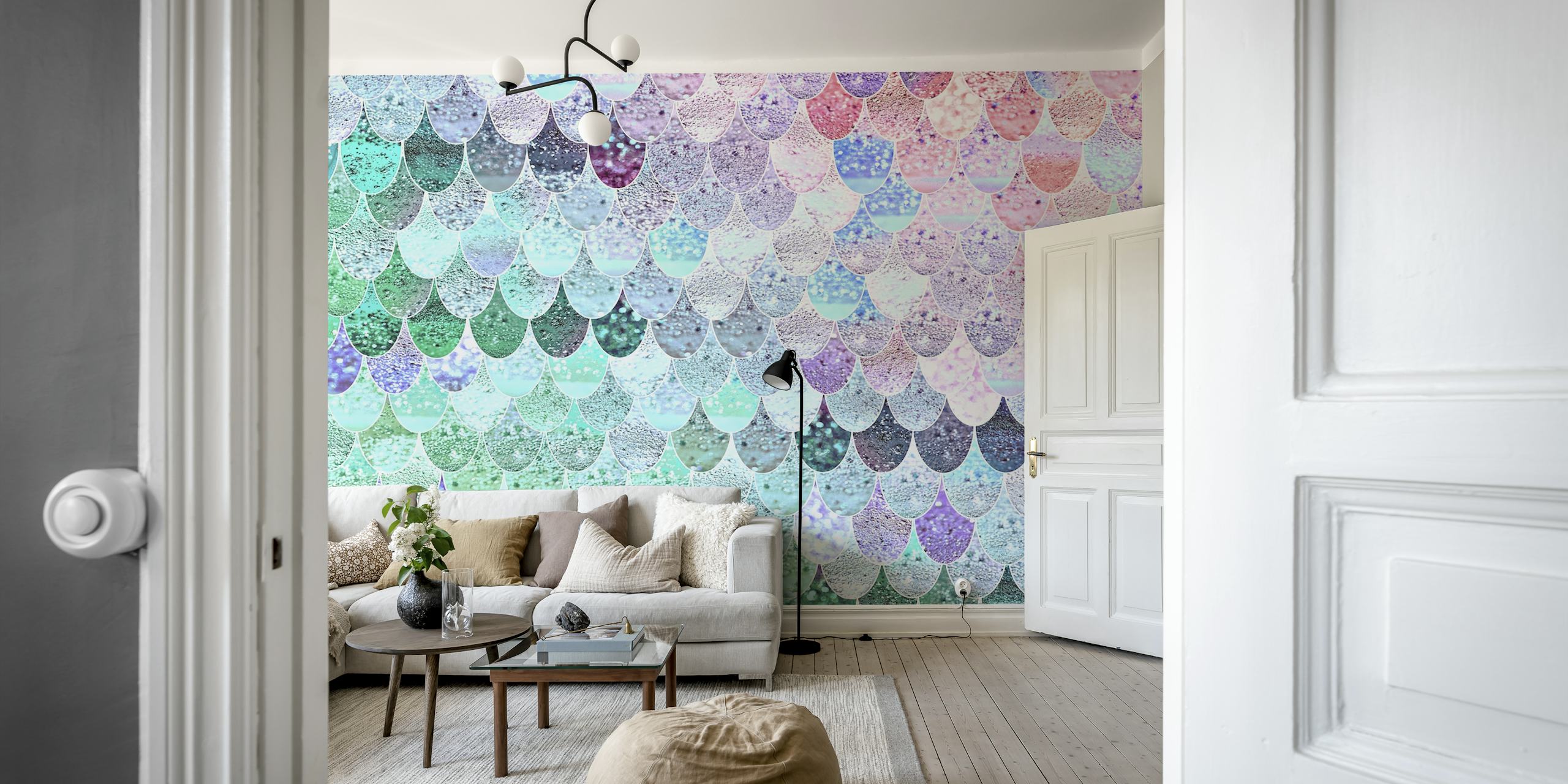 Colorful mermaid scale pattern in shades of blue, pink, and green wallpaper