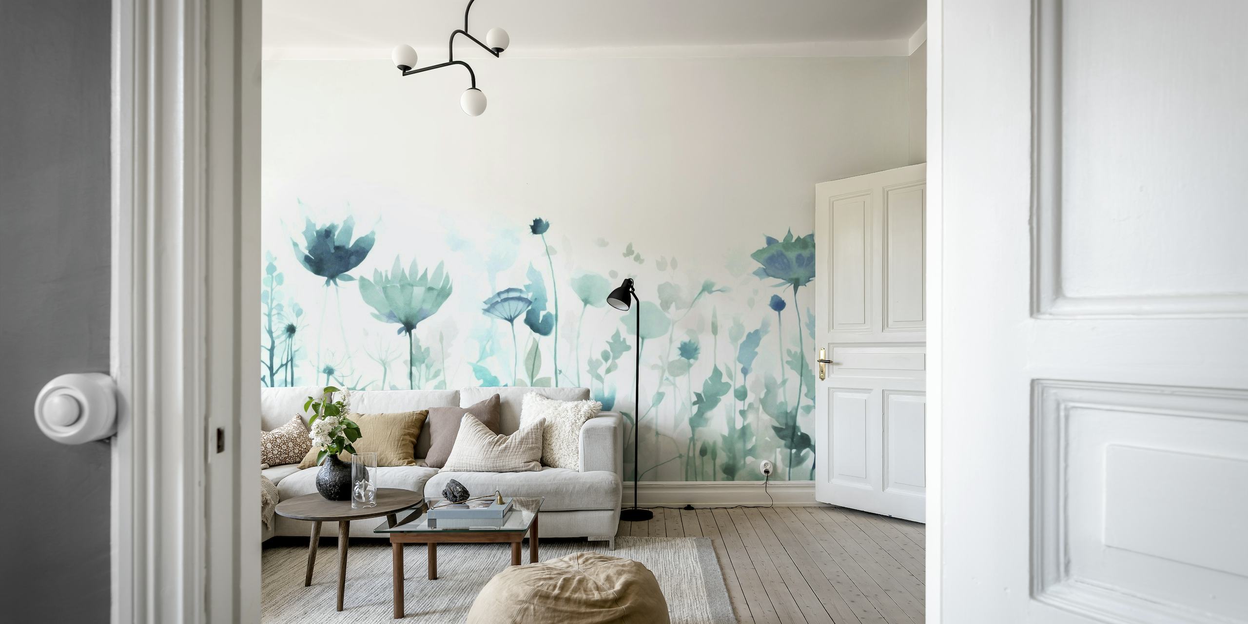 Mint green floral wall mural with a summer meadow theme