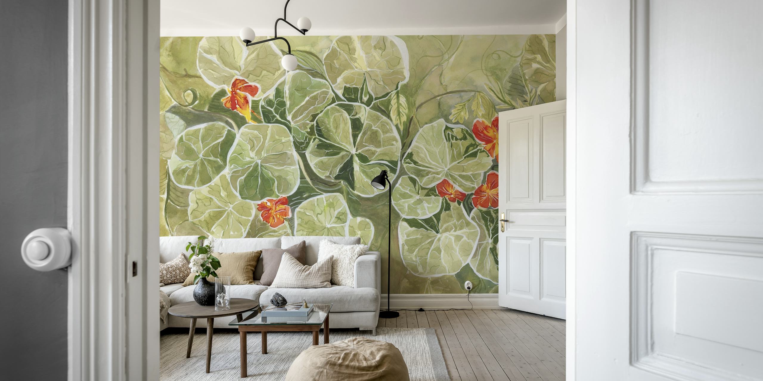 Nasturtium floral wallpaper with vibrant green leaves and orange flowers