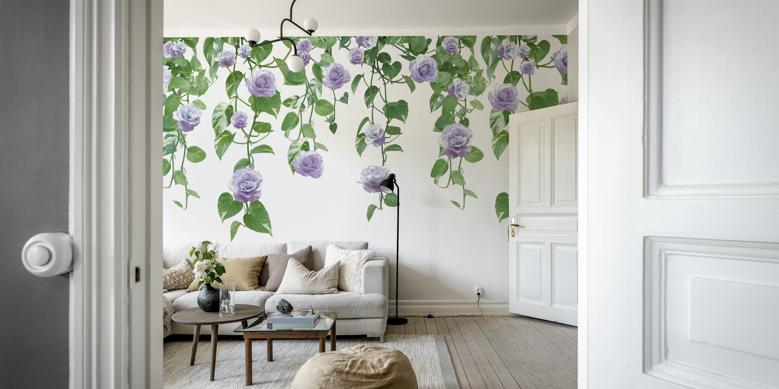 Lavender roses and green ivy leaves floral wallpaper