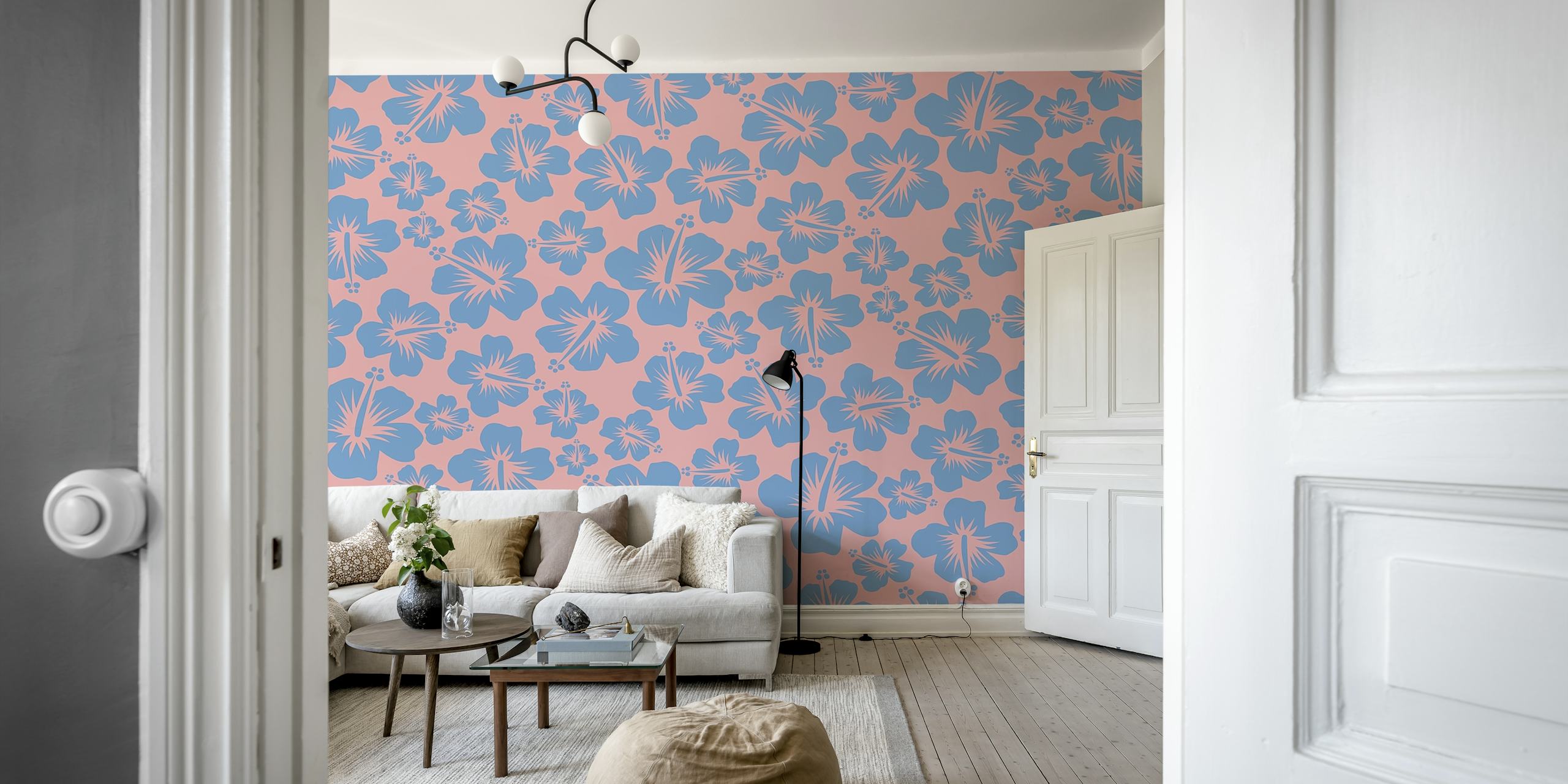 Blue and Pink Garden blomster tapetdesign