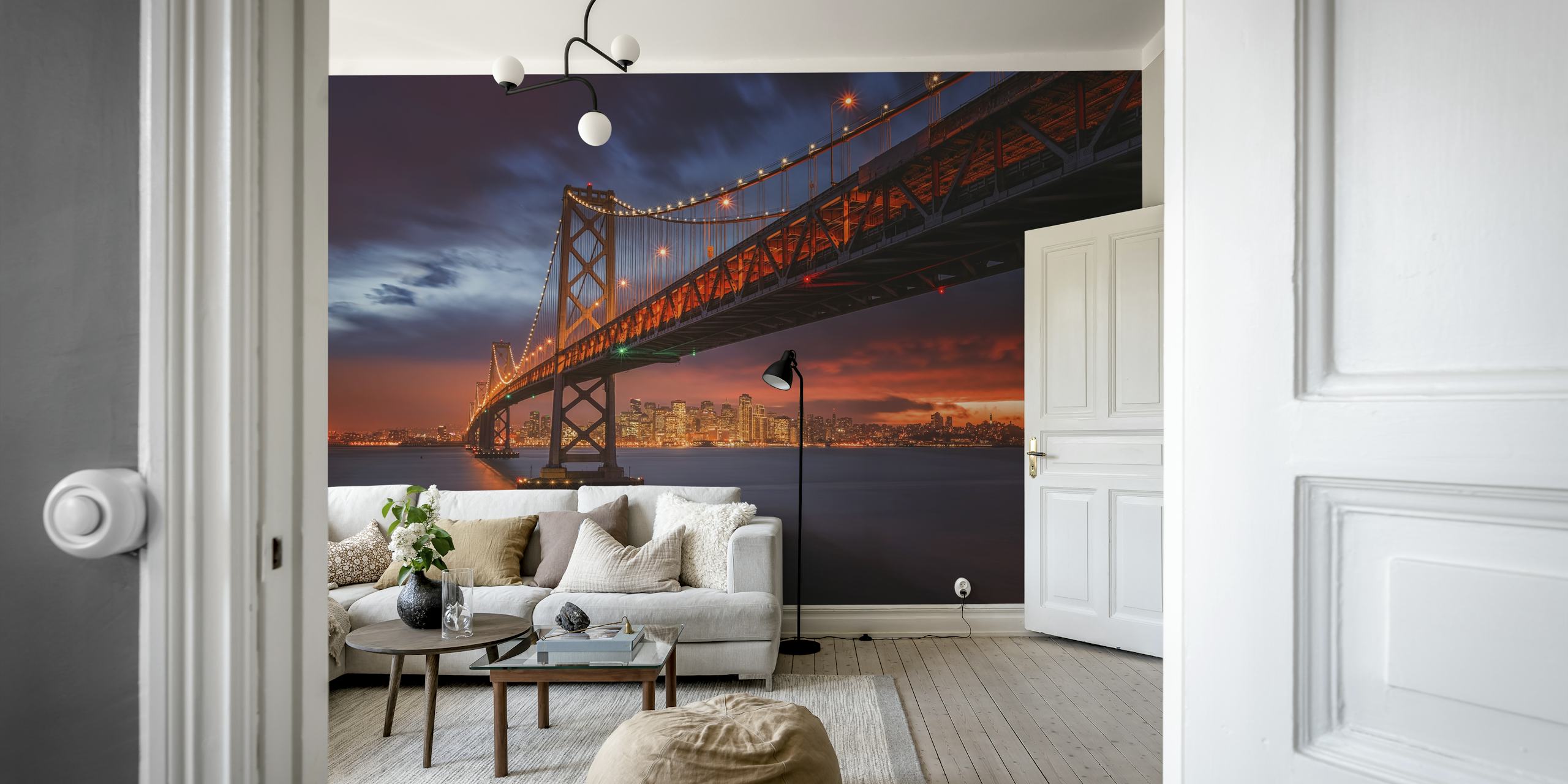 San Francisco skyline at sunset featuring a bridge in fiery orange and blue tones wallpaper