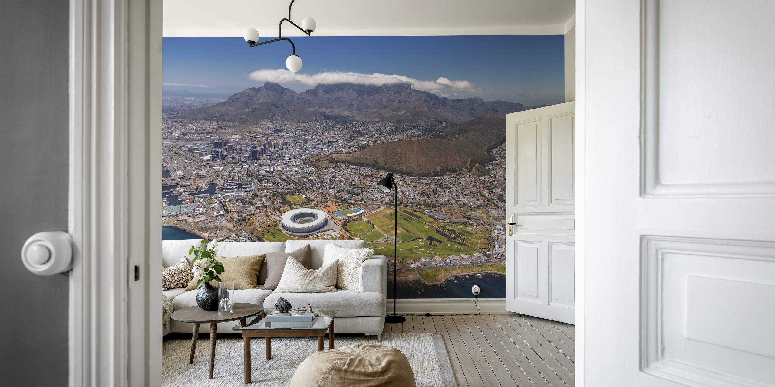Widok z lotu ptaka na fototapetę Kapsztad z Górą Stołową w tle