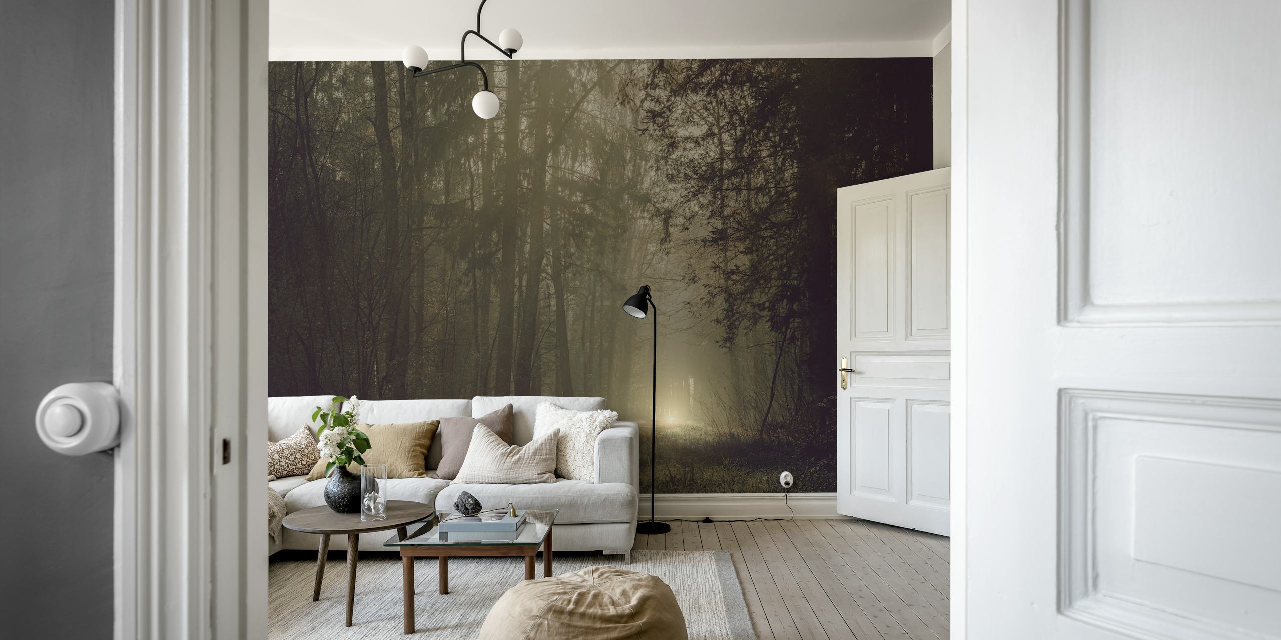 Wall mural of an early morning forest with sun rays piercing through the mist along a tranquil path