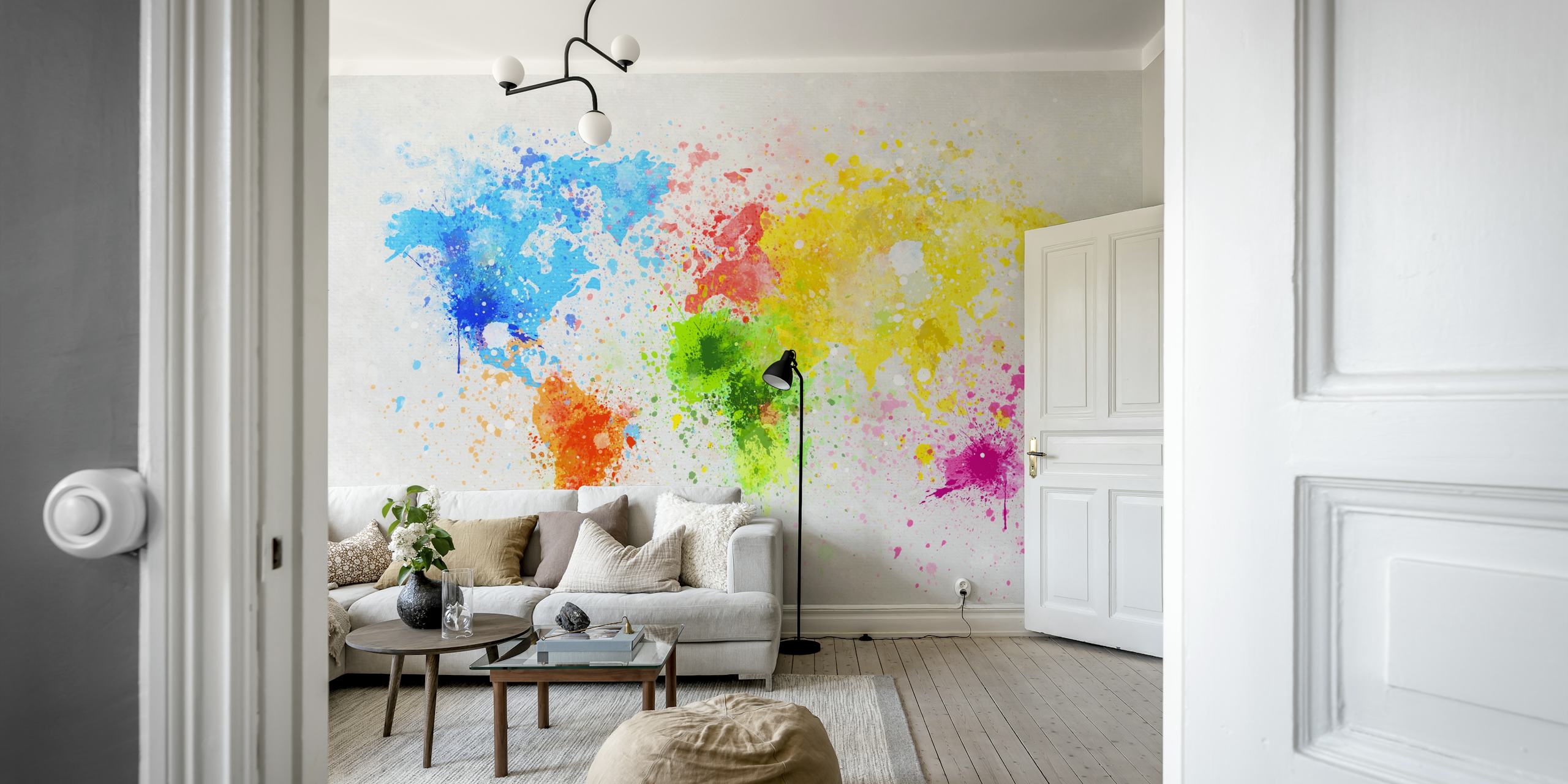 Colorful world map wall mural with splashes of paint