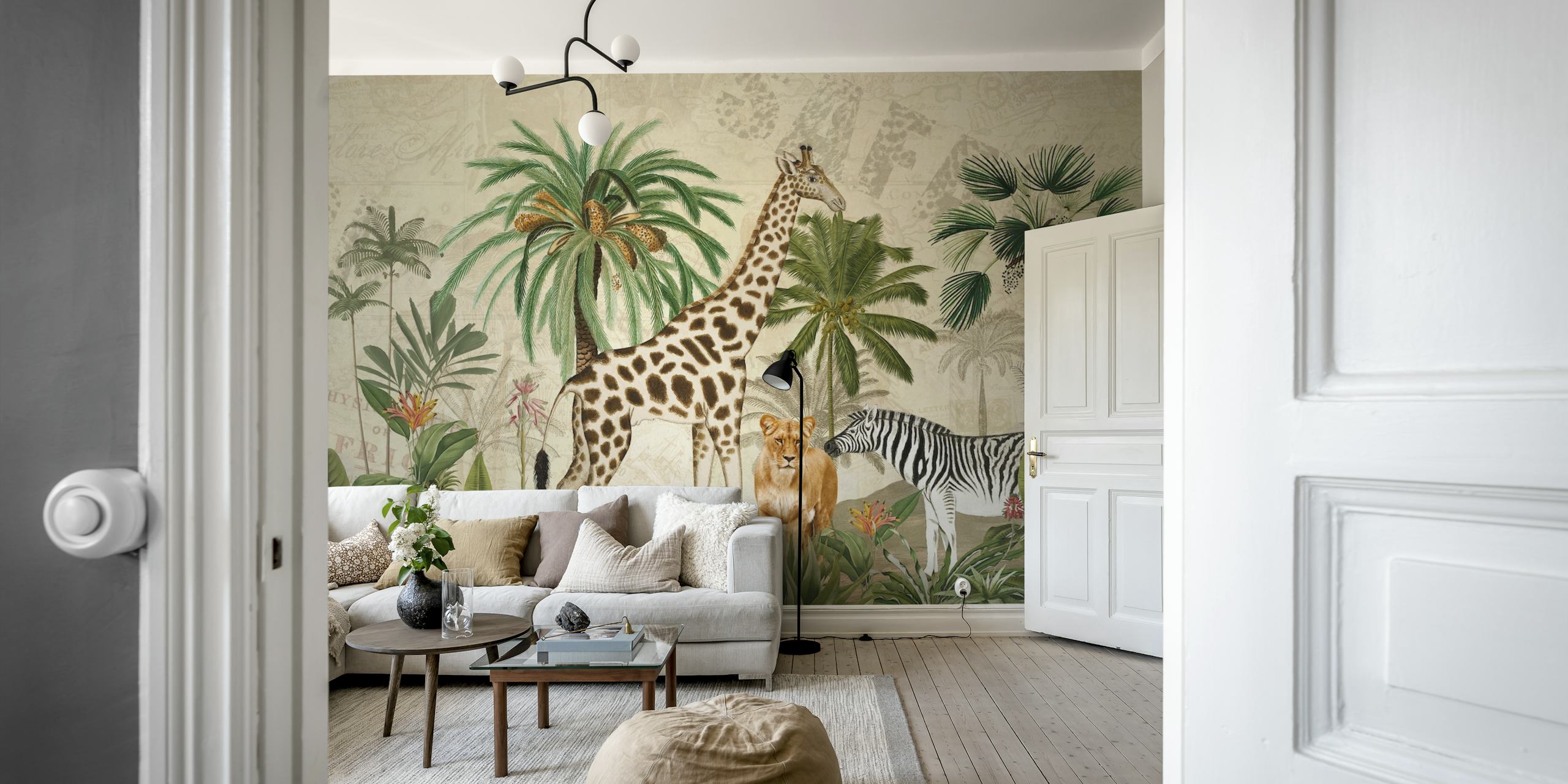 Vintage style jungle safari wall mural featuring giraffes, leopards, and zebras in a lush setting