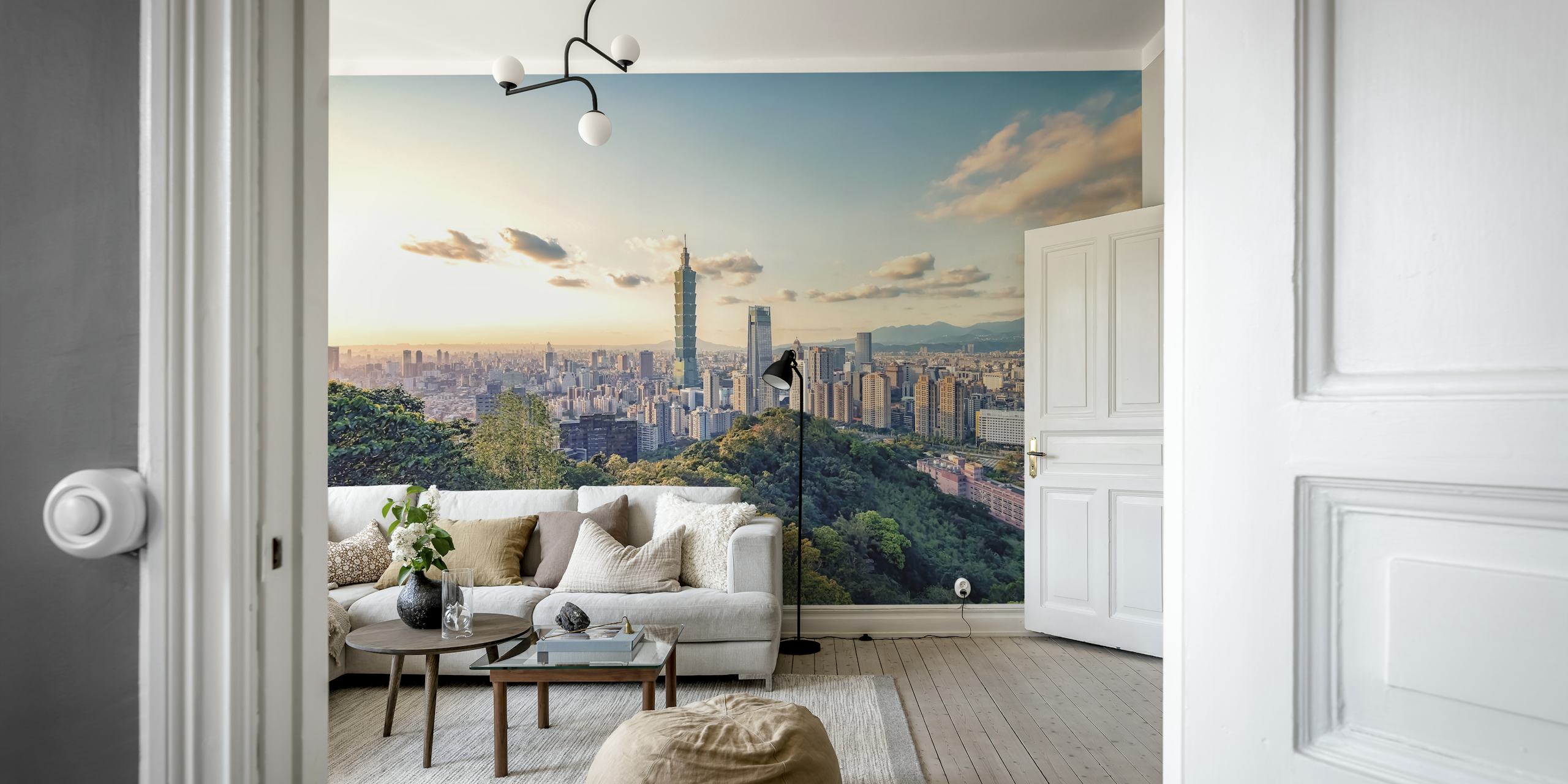 Mural del horizonte de la ciudad de Taipei con el rascacielos Taipei 101