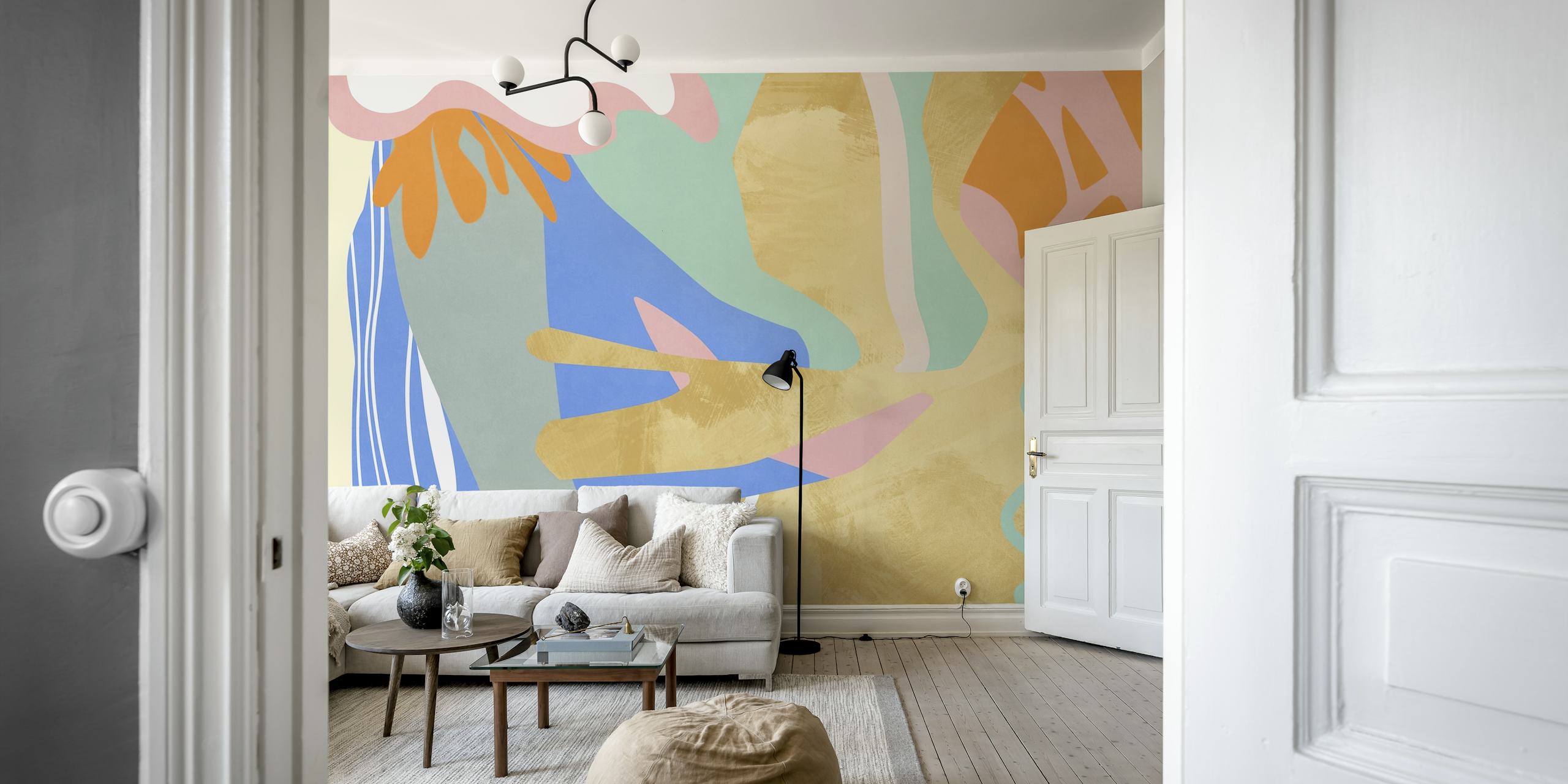 Colorful abstract shapes in blue, pink, orange, and yellow wallpaper