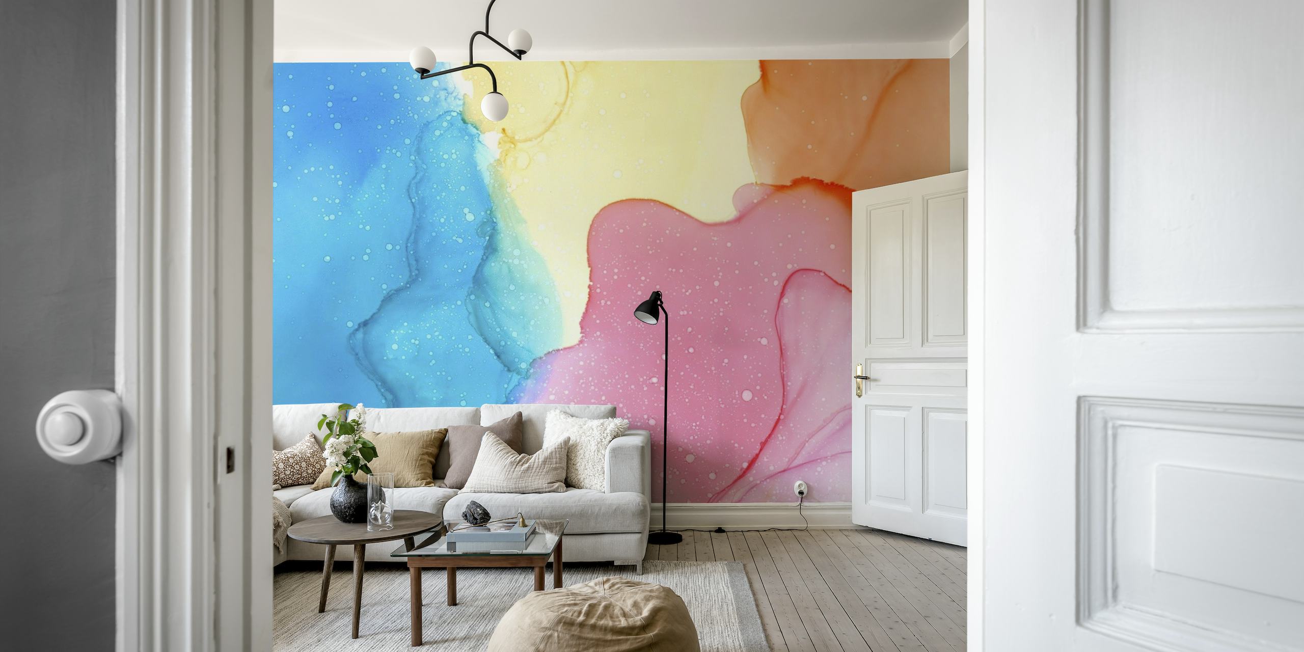 Apstraktni pastelni akvarel zidni mural s nježnim mješavinama plave, ružičaste, narančaste i žute tinte