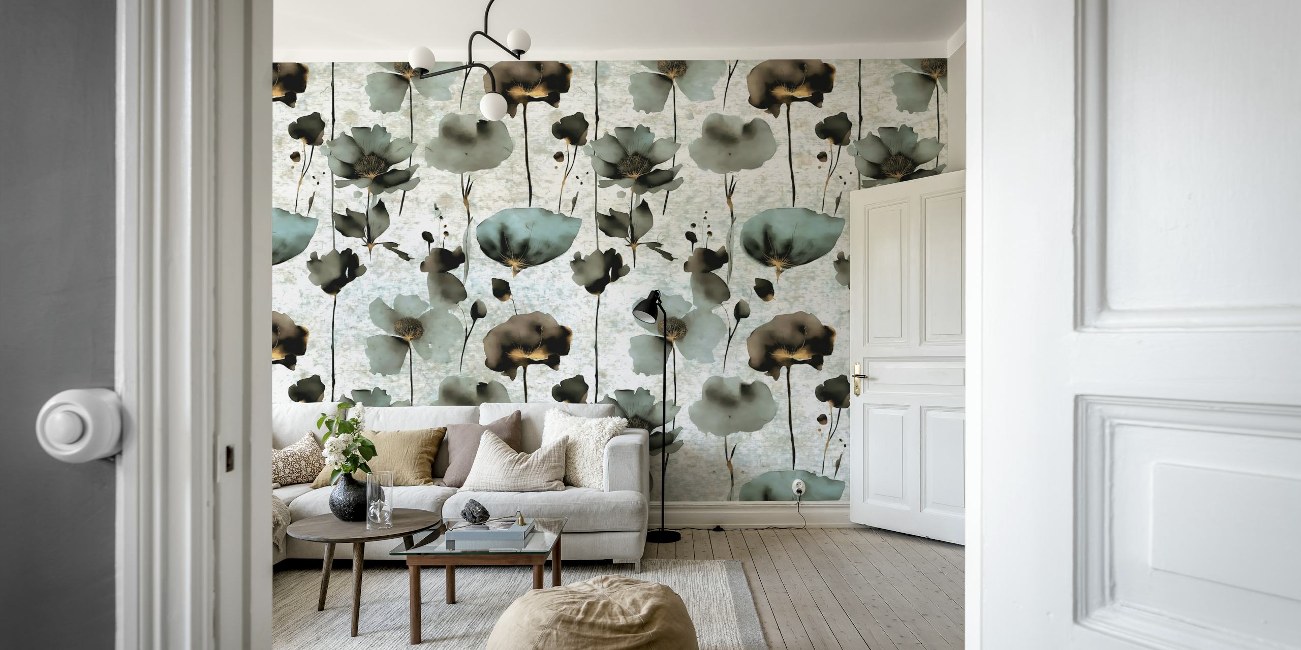 Dämpade pastellfärgade vildblommor på en texturerad fondtapet