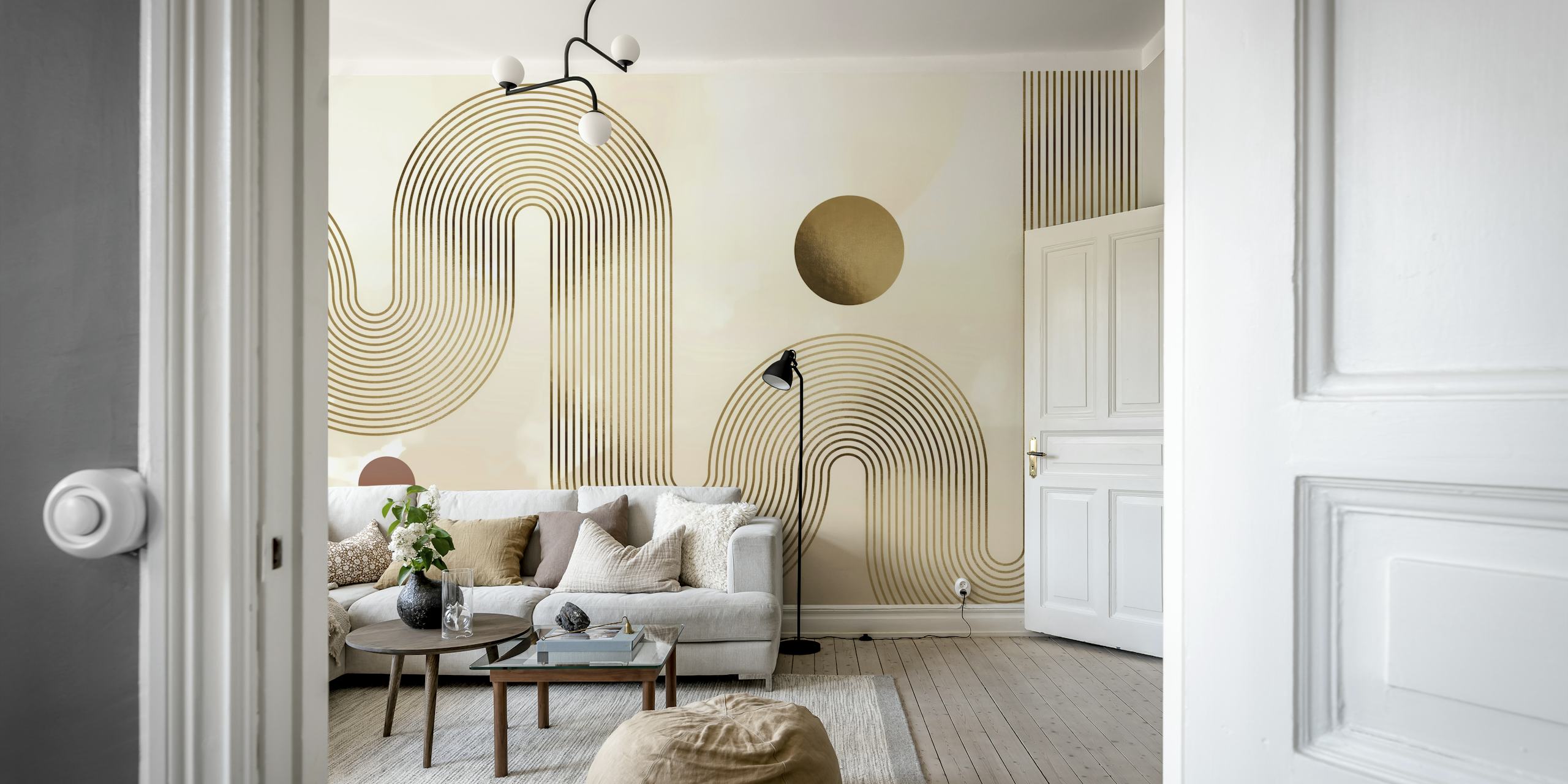 Curvy wave pattern in neutral colors with circular accents wallpaper