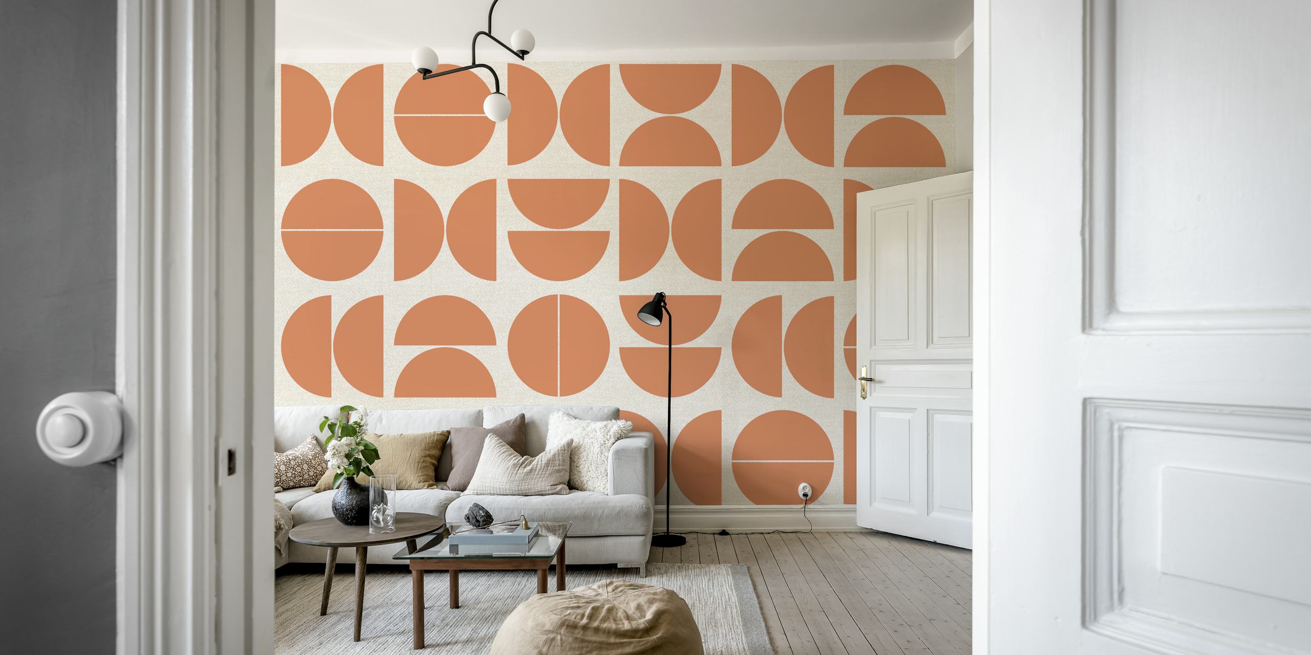 Geometric patterns in pastel rust and cream wallpaper