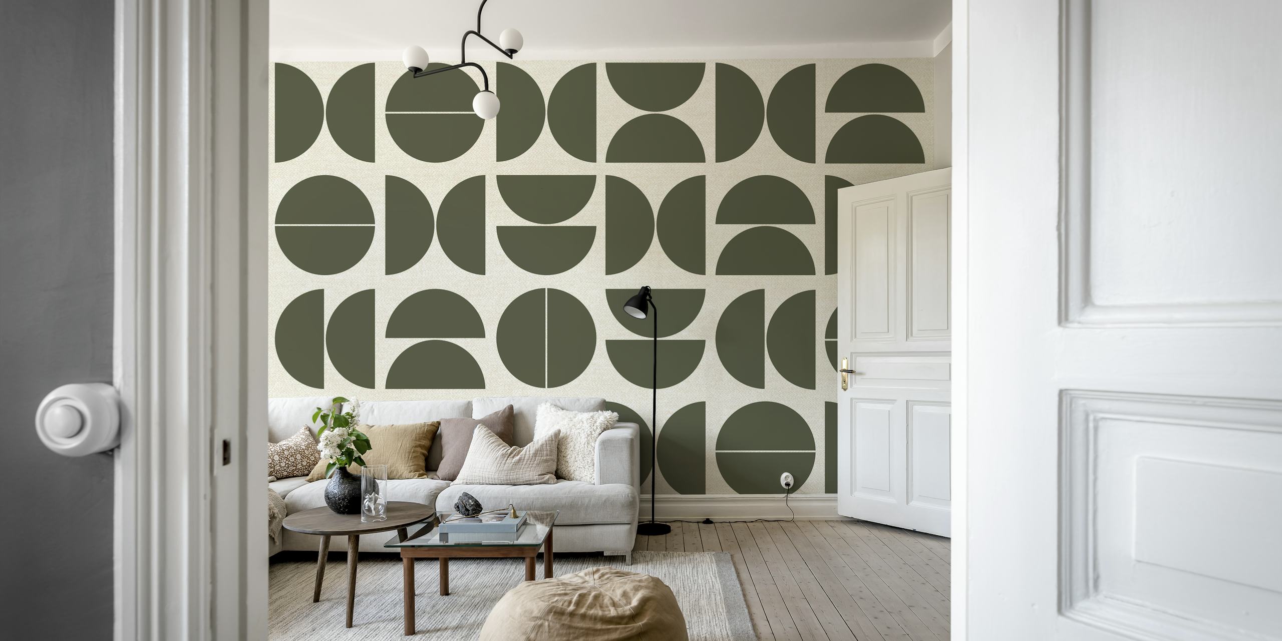 Geometric patterns in forest green on a light backdrop wallpaper