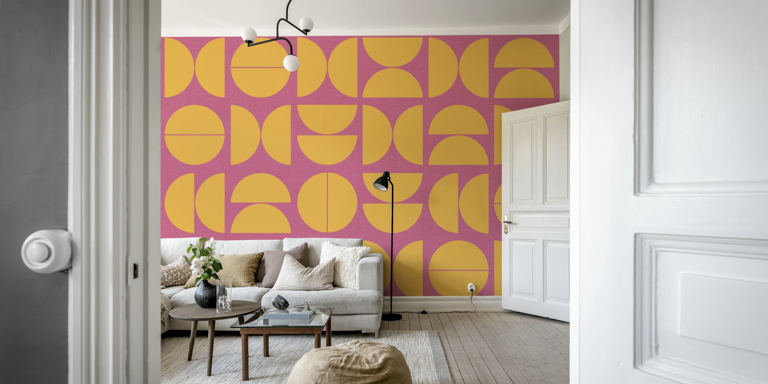 Geometric shapes in yellow on a pink background wallpaper