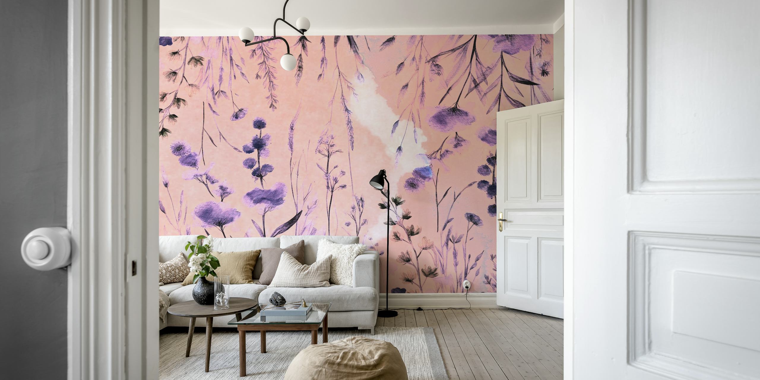 Wildblumen-Sommer-Wandbild mit lila Blumen auf pastellrosa Hintergrund